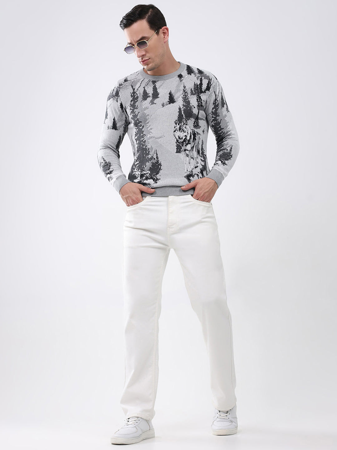 Men Grey Printed Round Neck Full Sleeve Pullover