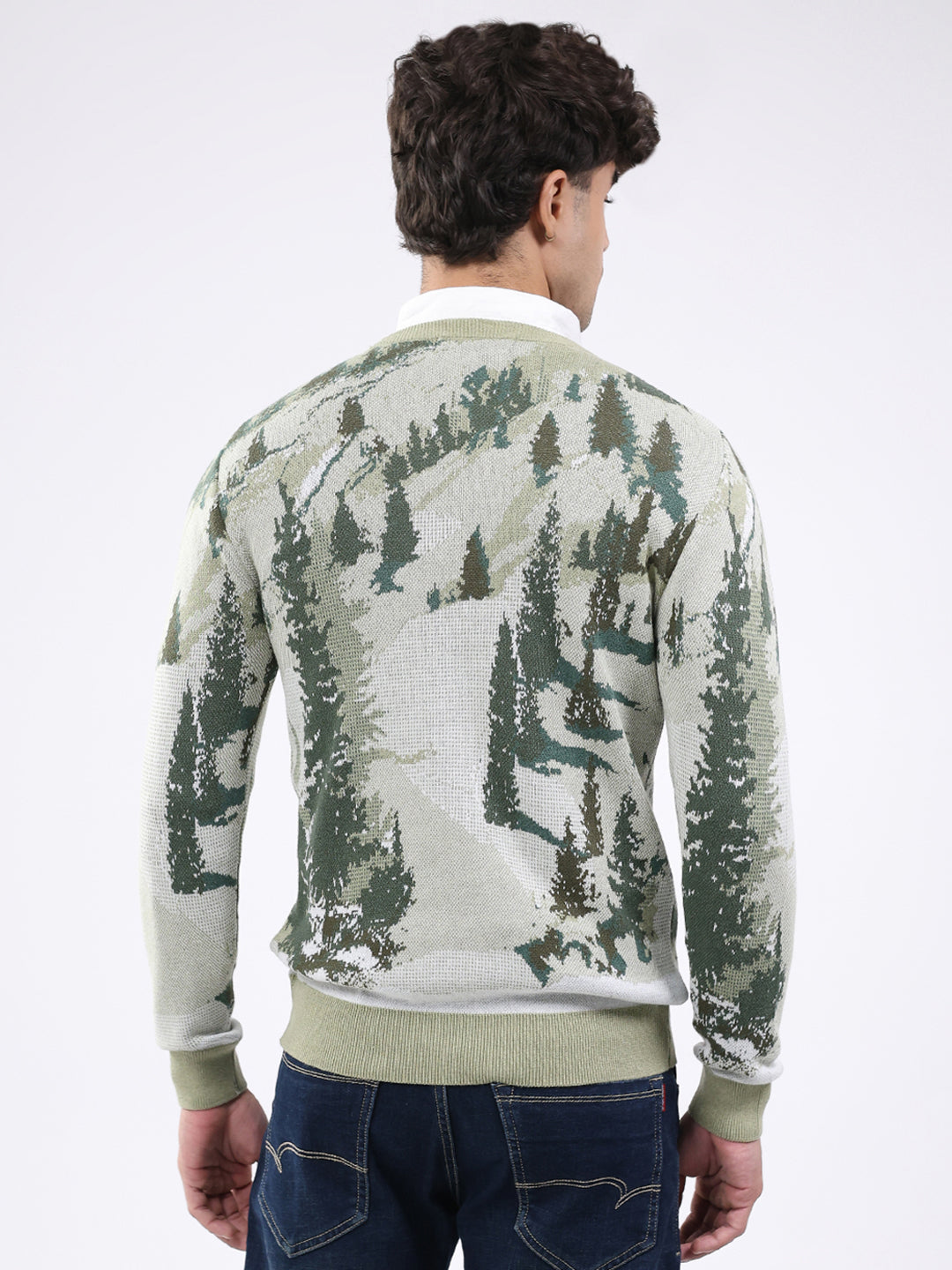 Men Green Self Design Round Neck Full Sleeve Pullover