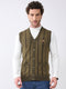 Men Green Self Design V Neck Sleeveless Cardigan