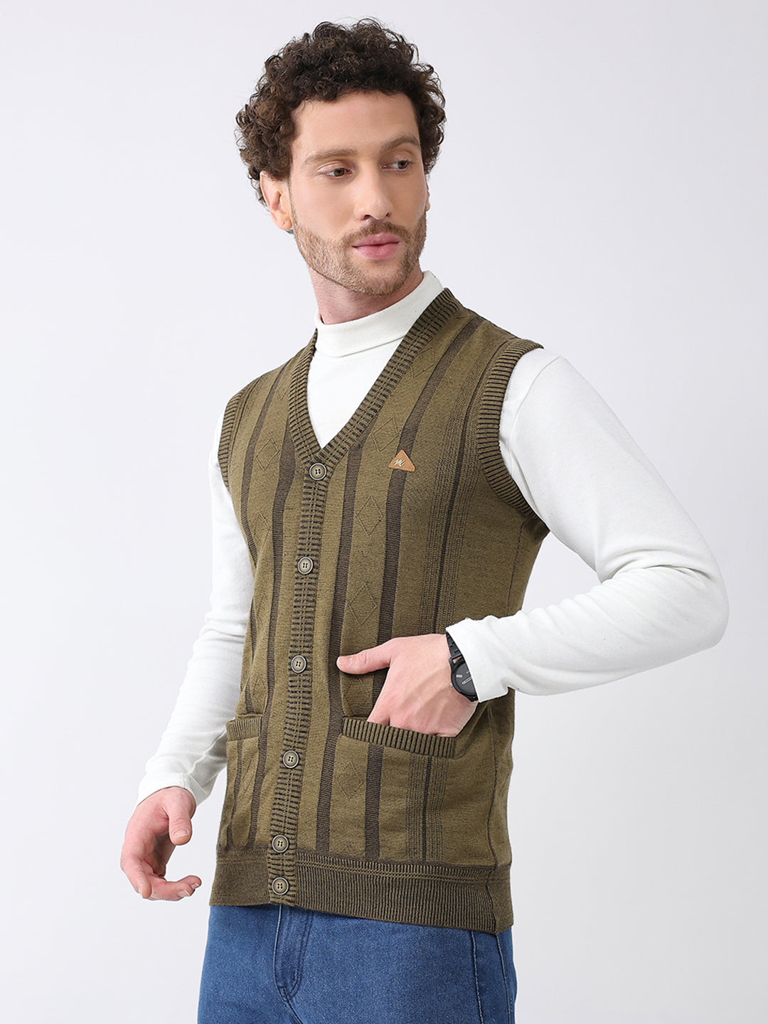 Men Green Self Design V Neck Sleeveless Cardigan