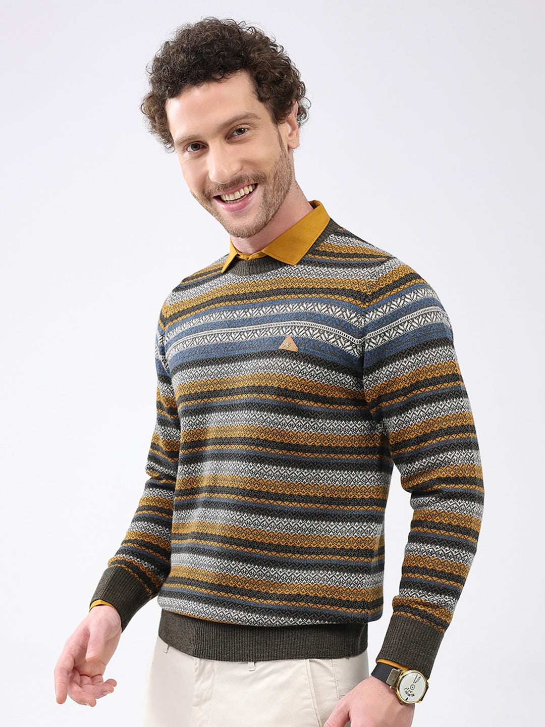 Men Green Stripe Round Neck Full Sleeve Pullover