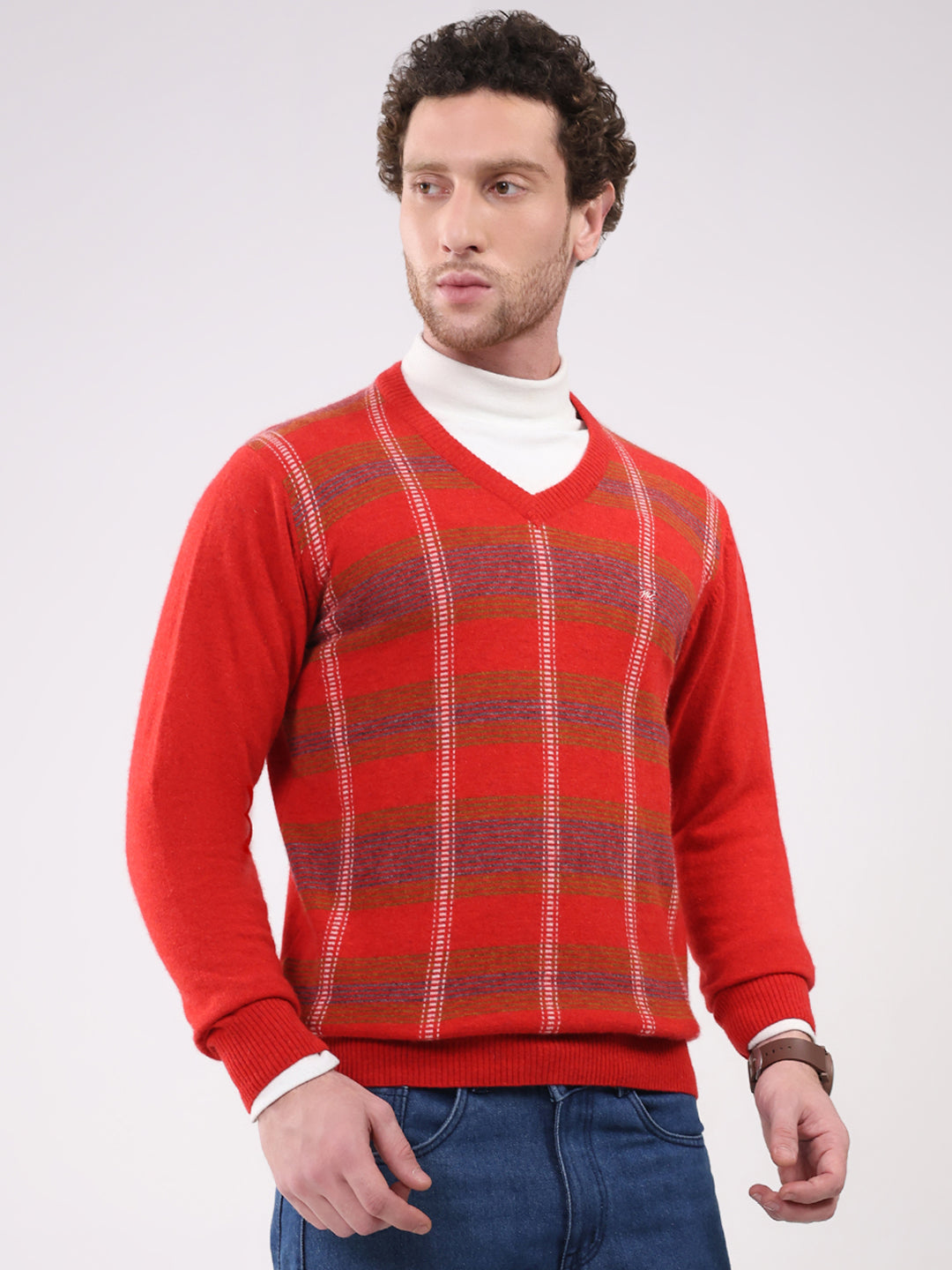 Men Red Printed V Neck Full Sleeve Pullover