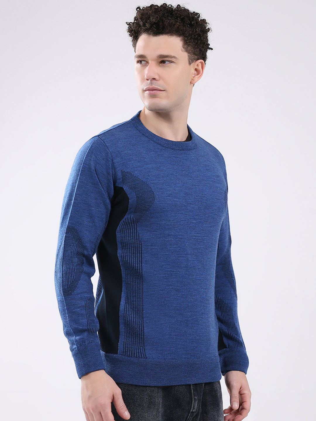 Men Blue Solid Round Neck Full Sleeve Pullover