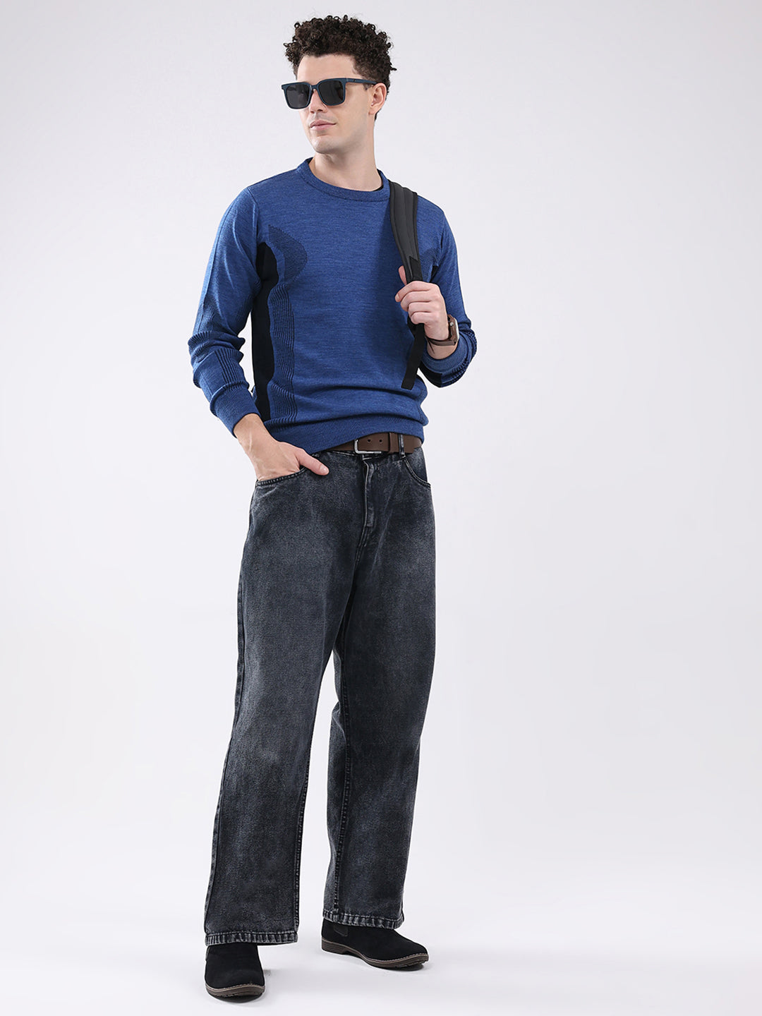 Men Blue Solid Round Neck Full Sleeve Pullover