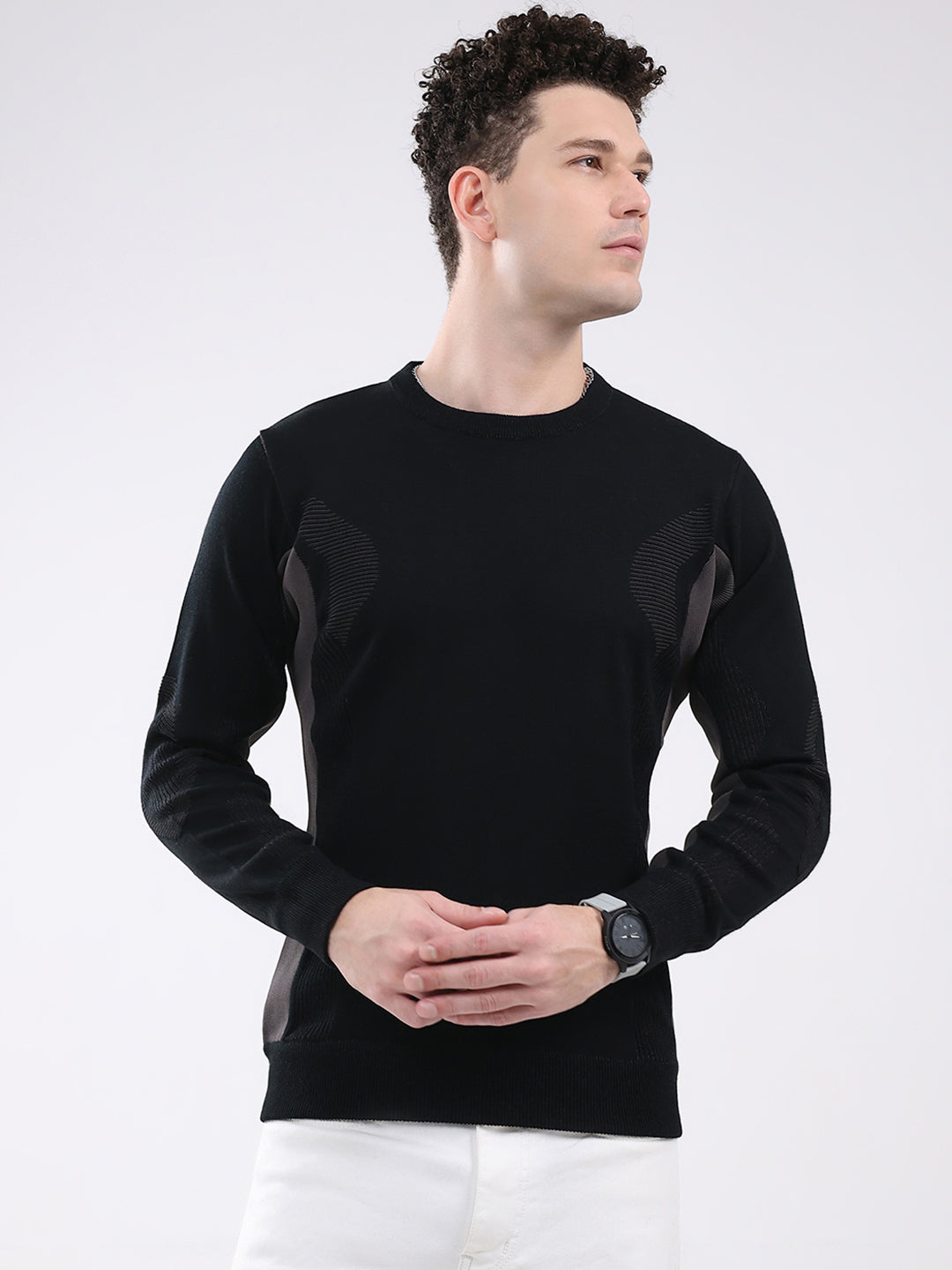 Men Black Solid Round Neck Full Sleeve Pullover