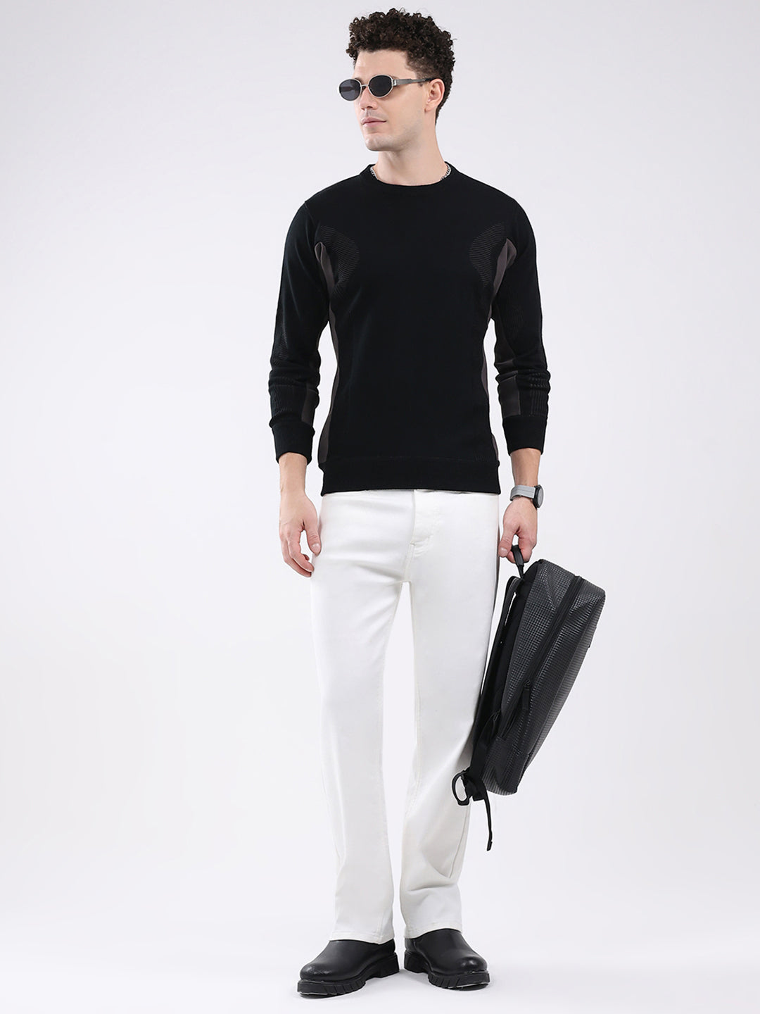 Men Black Solid Round Neck Full Sleeve Pullover