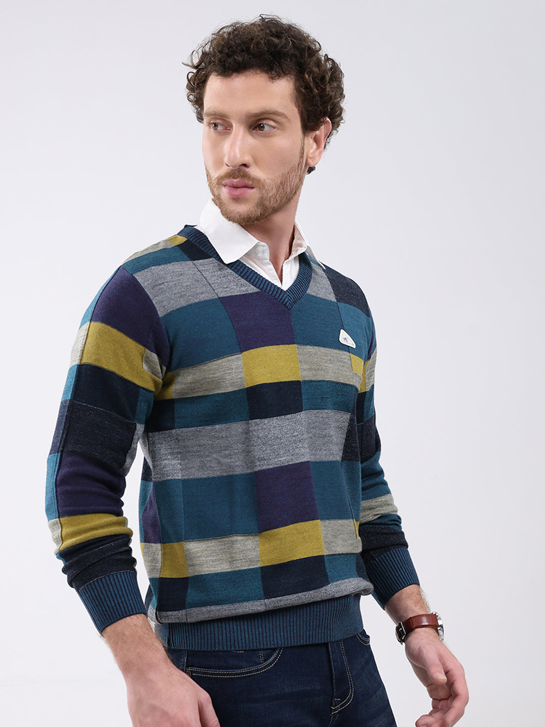 Men Teal Blue Self Design V Neck Full Sleeve Pullover
