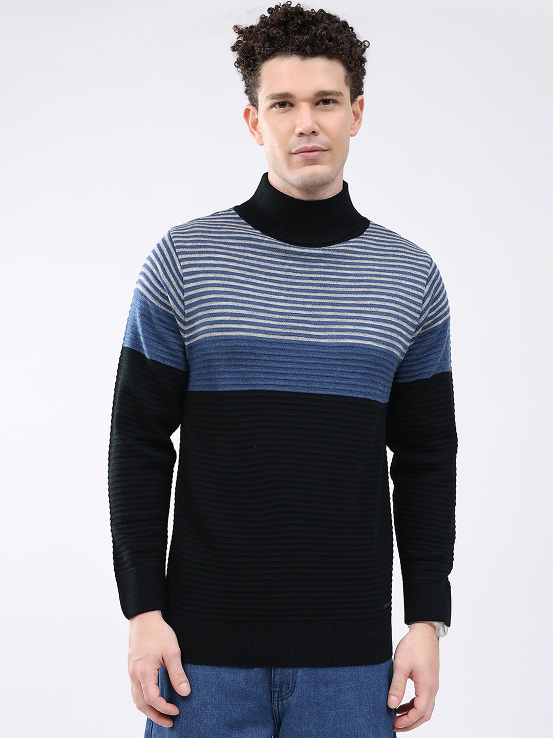 Men Black Self Design High Neck Full Sleeve Pullover