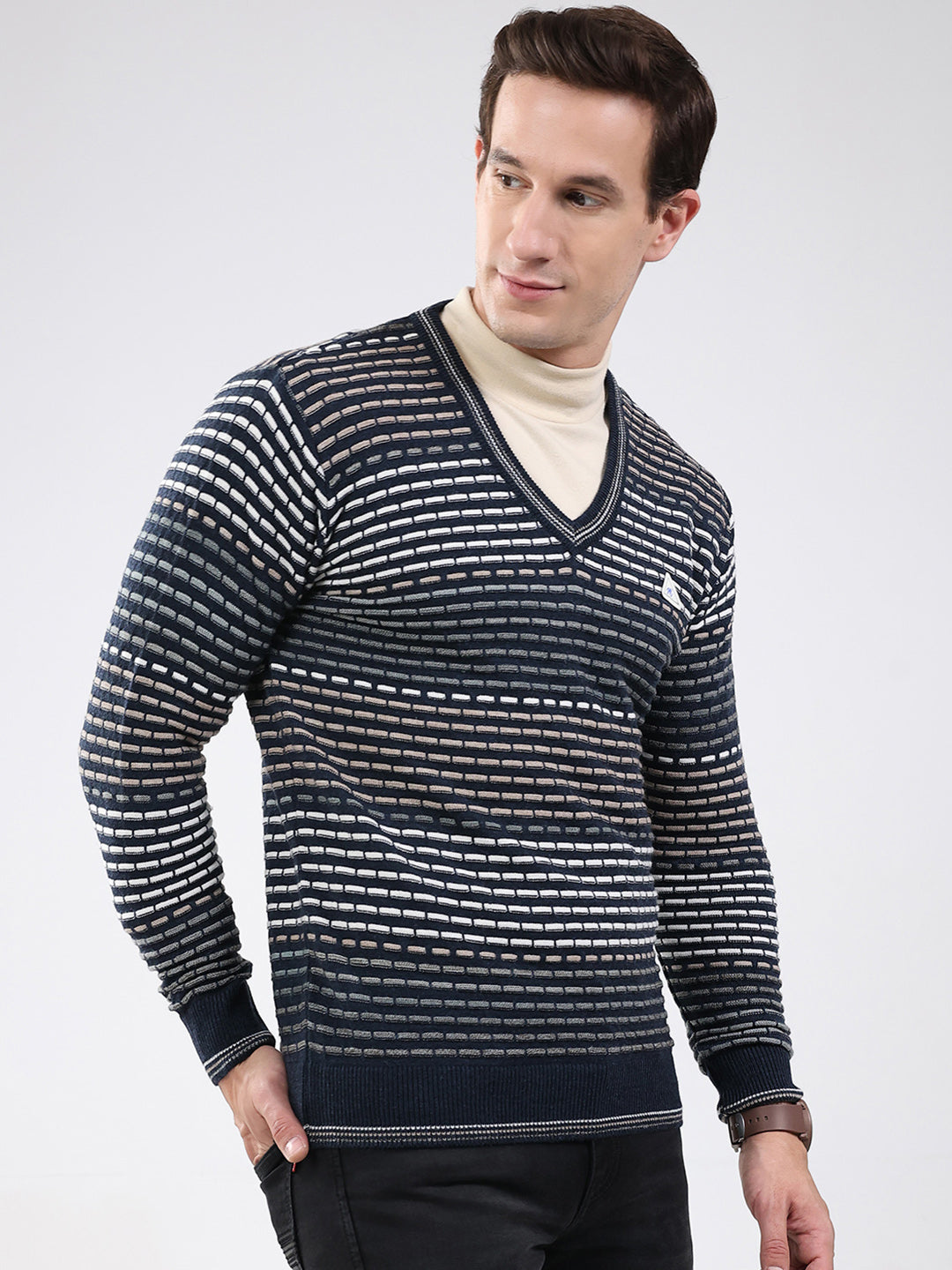 Men Navy Blue Stripe V Neck Full Sleeve Pullover