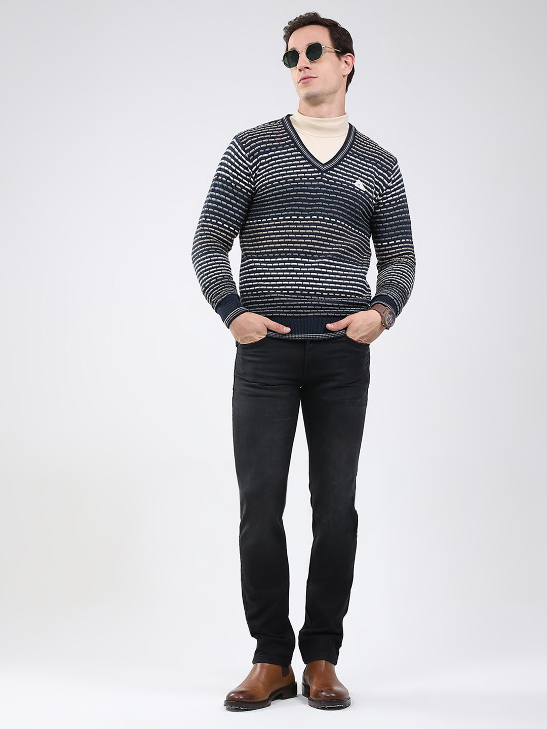 Men Navy Blue Stripe V Neck Full Sleeve Pullover