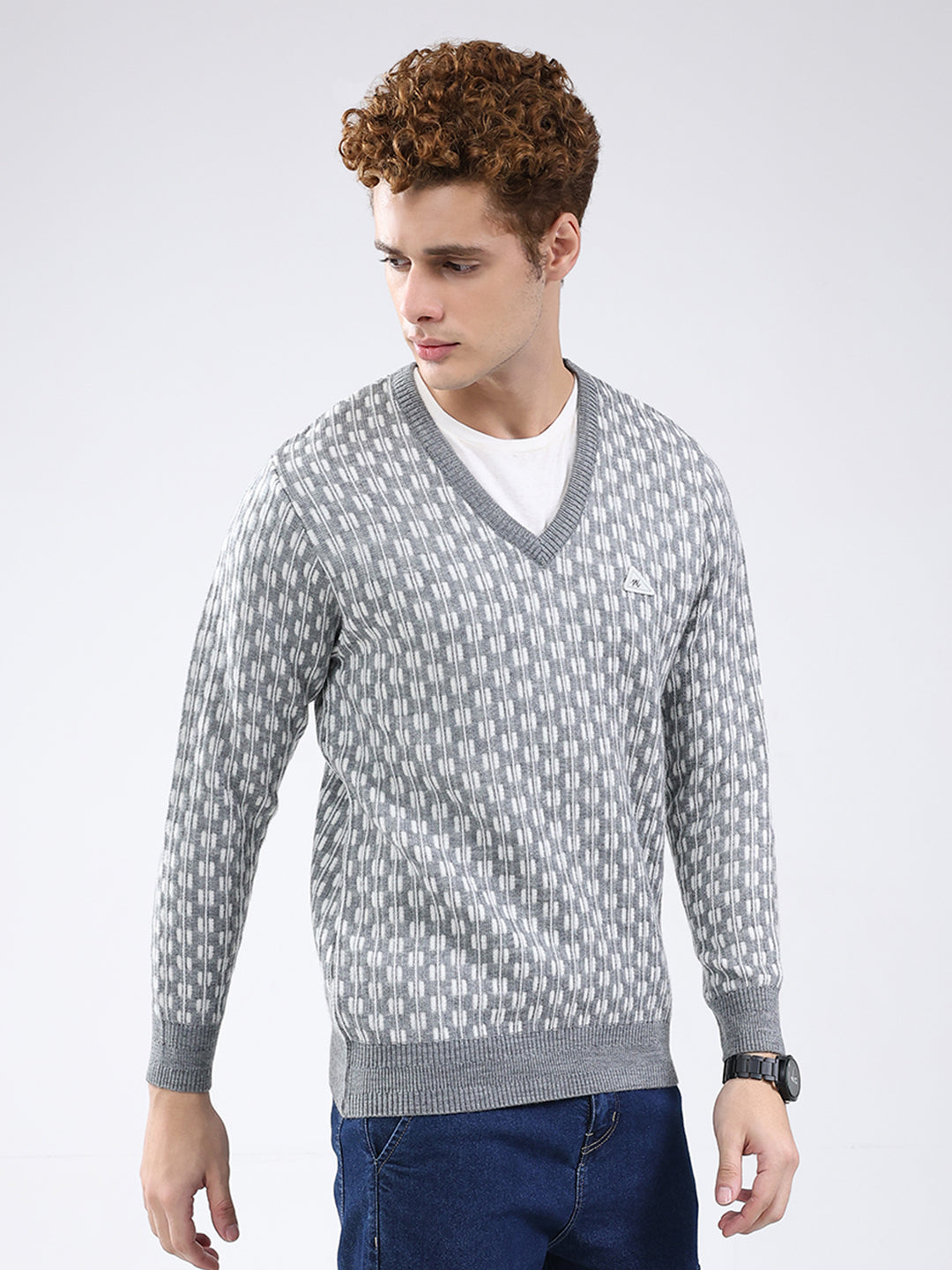 Men Grey Self Design V Neck Full Sleeve Pullover