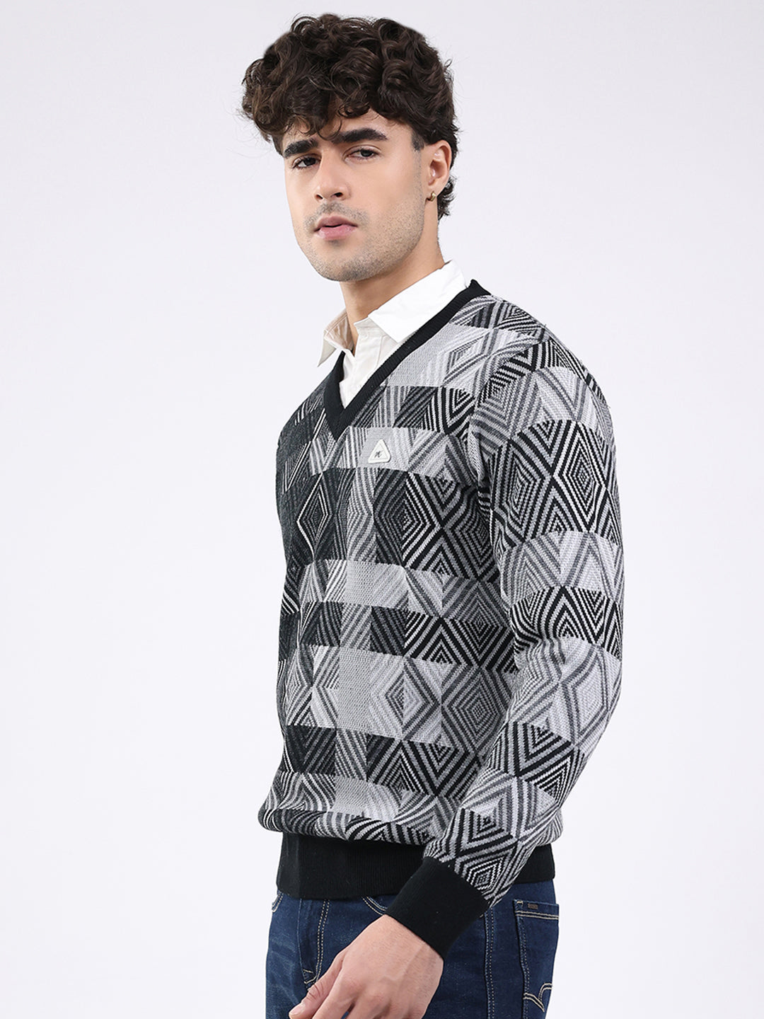 Men Black Self Design V Neck Full Sleeve Pullover