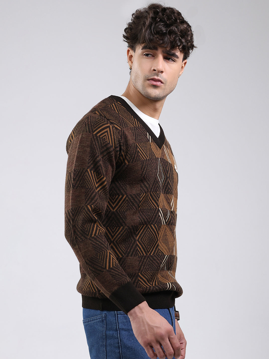 Men Brown Self Design V Neck Full Sleeve Pullover