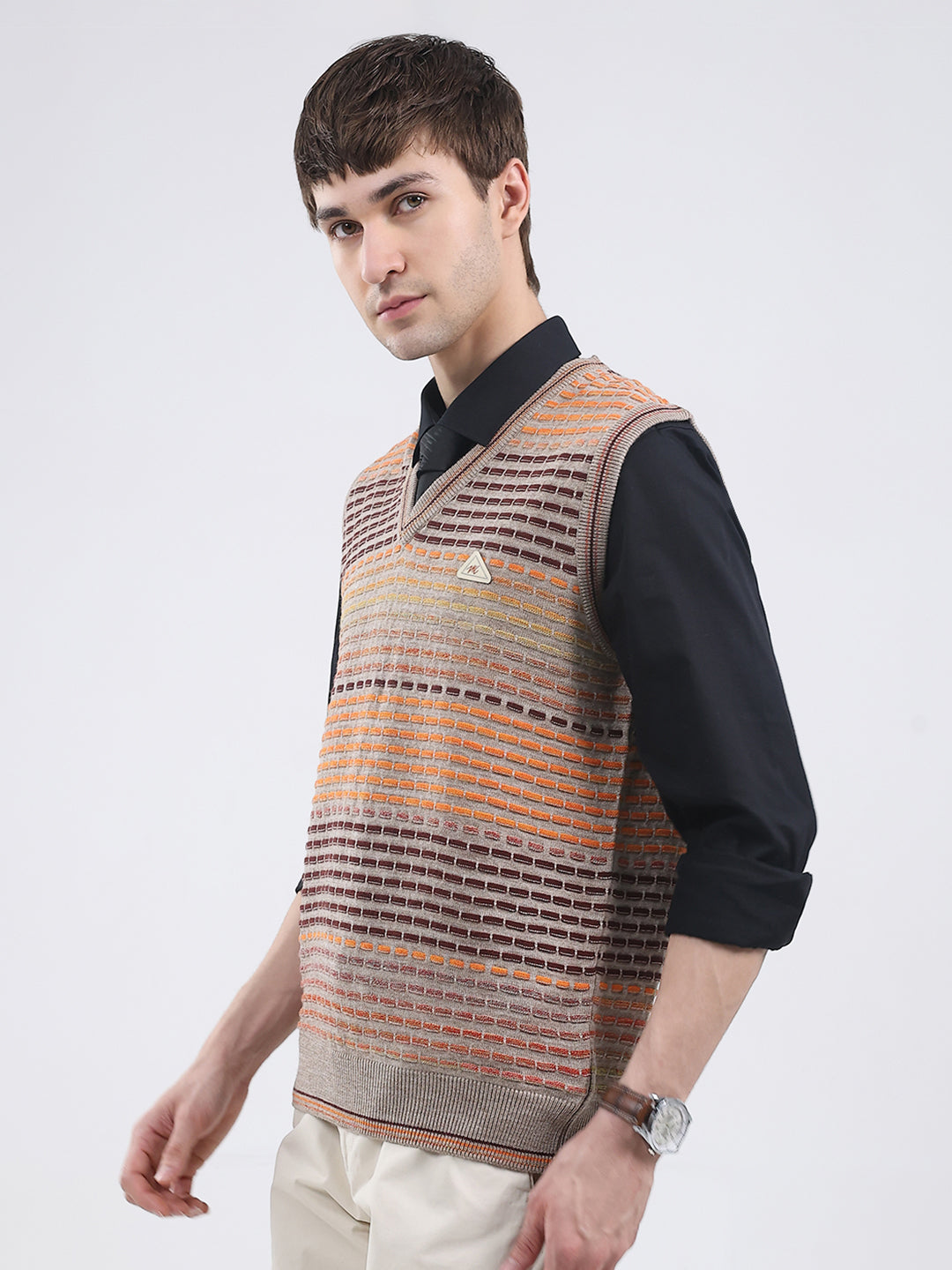 Men Multicolor Self Design V Neck Sleeveless Sweater