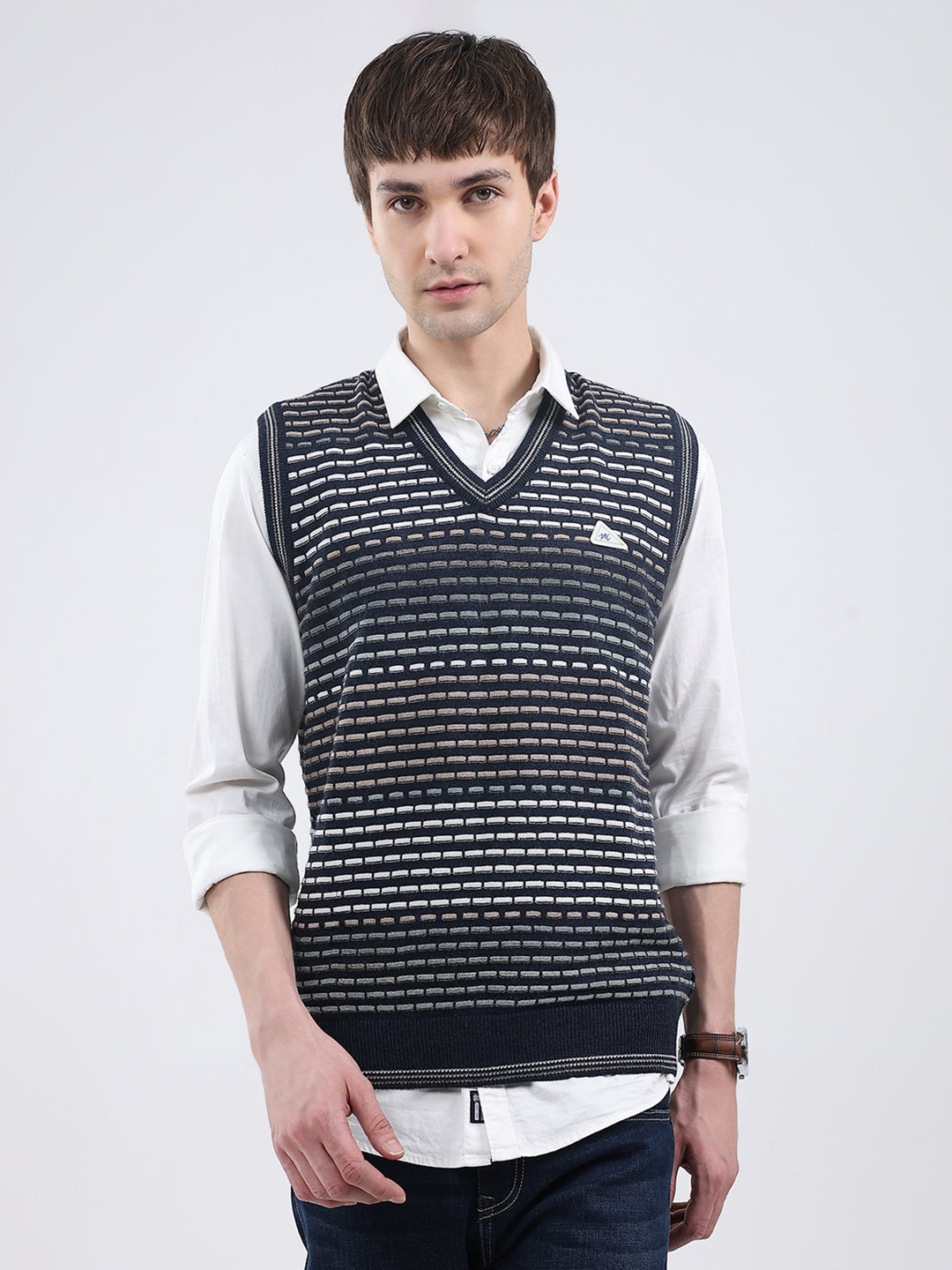 Men Navy Blue Self Design V Neck Sleeveless Sweater