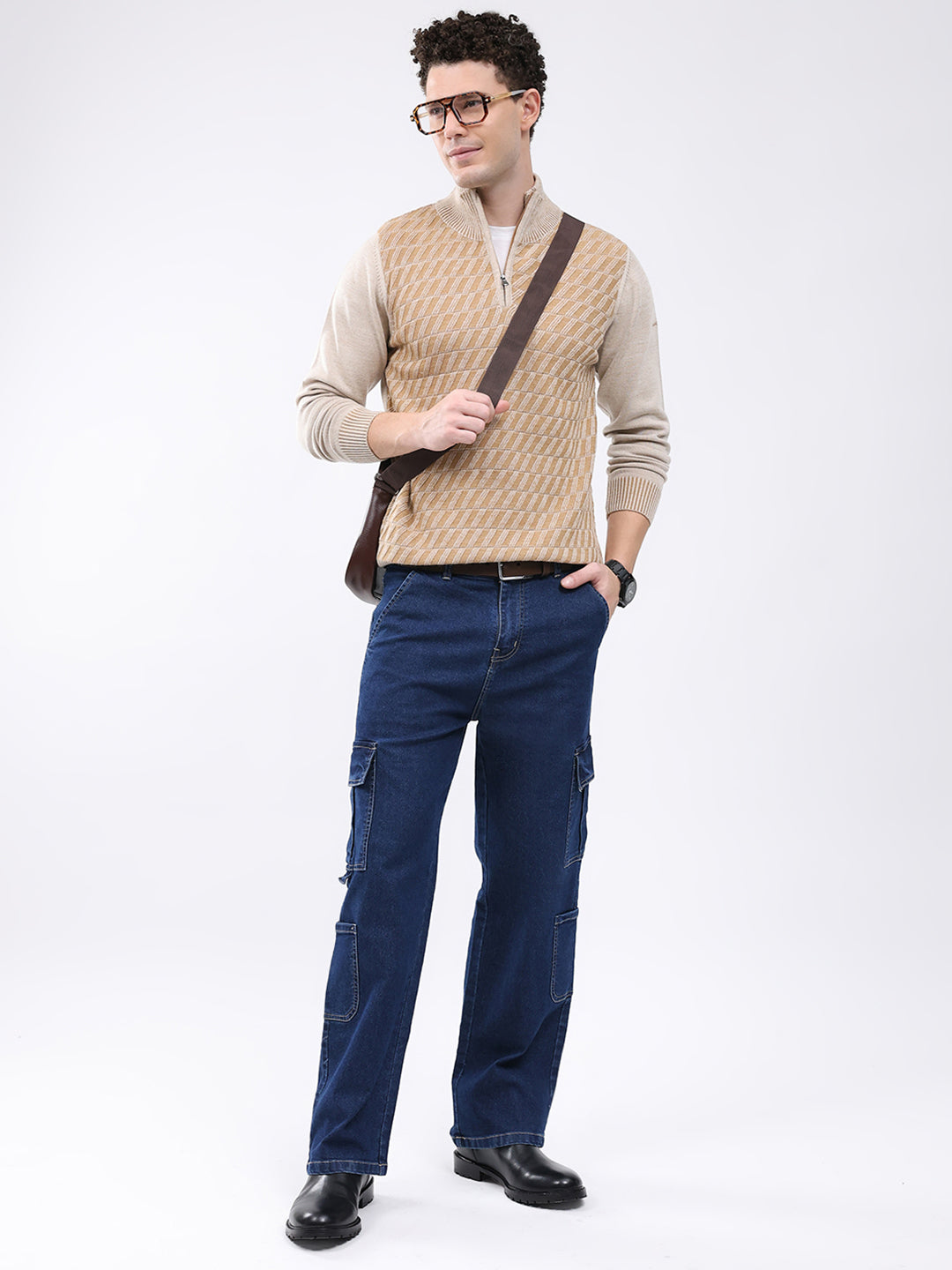 Men Brown Self Design Mock Neck Full Sleeve Pullover