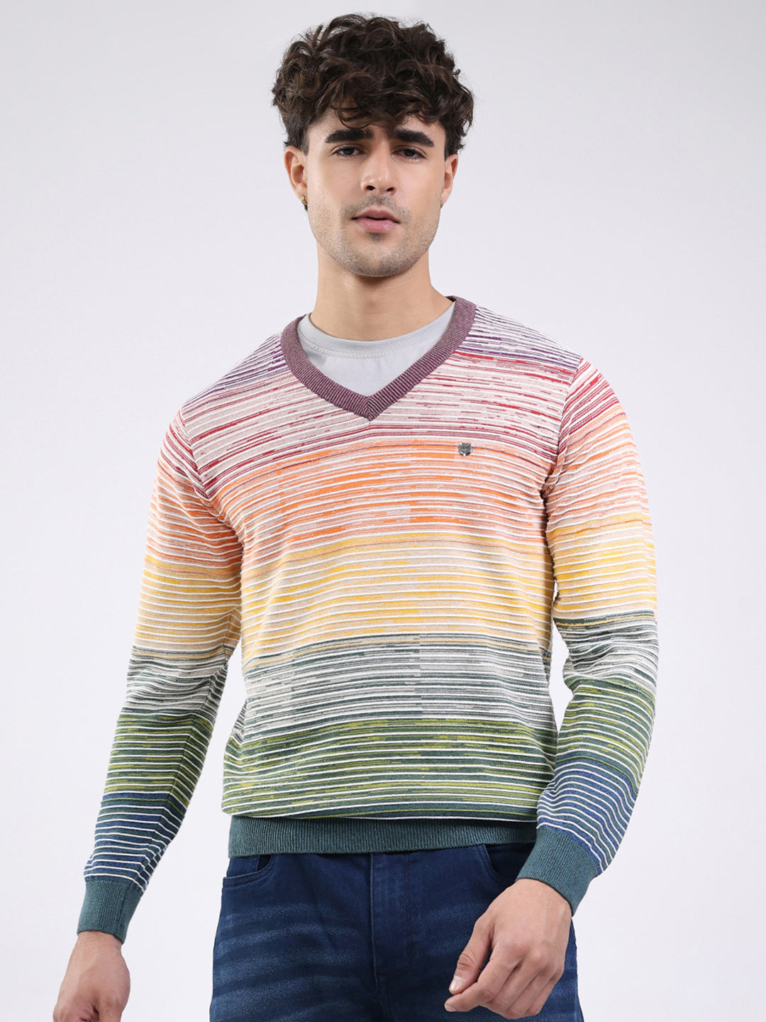 Men Multicolor Stripe V Neck Full Sleeve Pullover