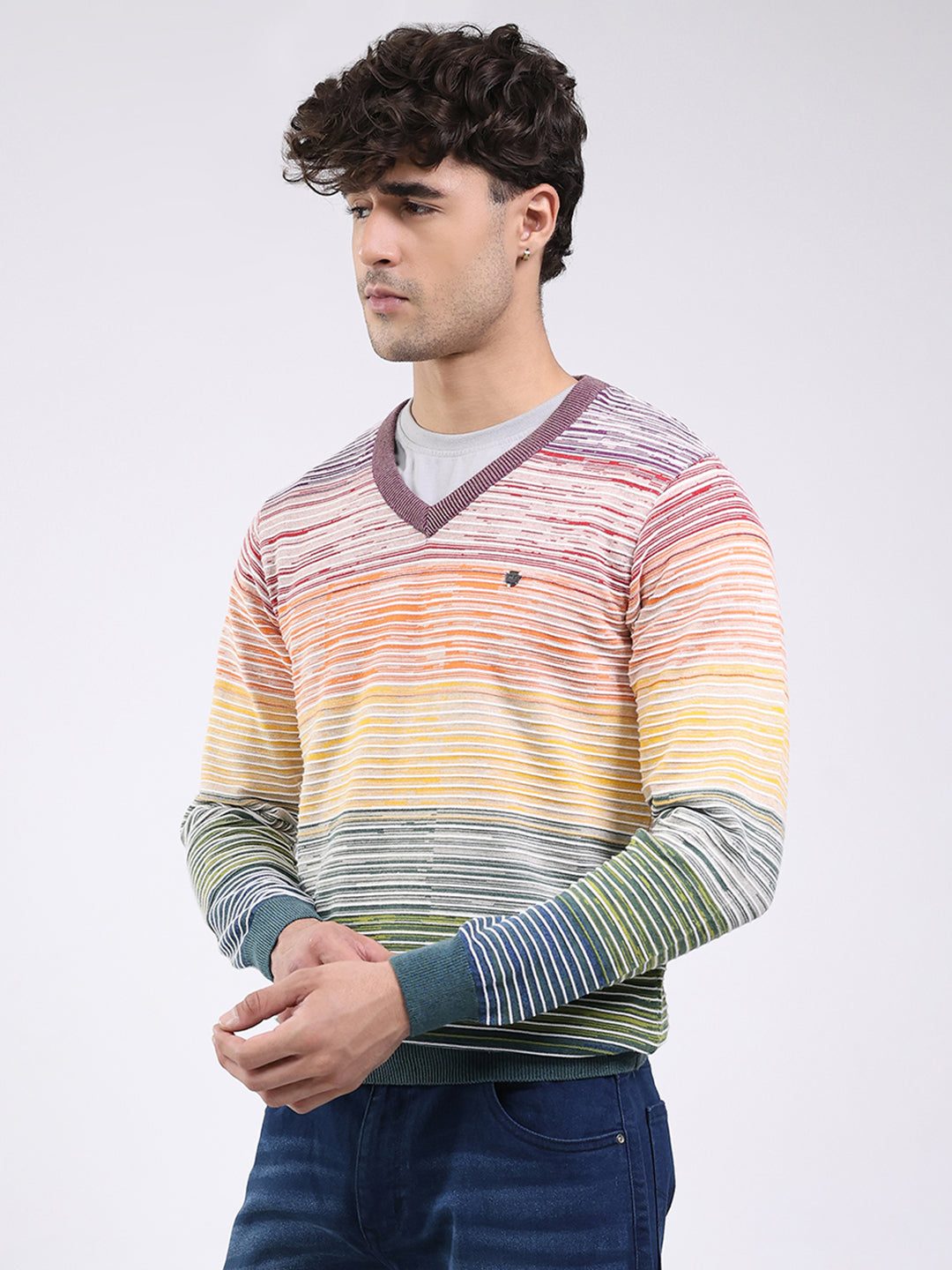 Men Multicolor Stripe V Neck Full Sleeve Pullover