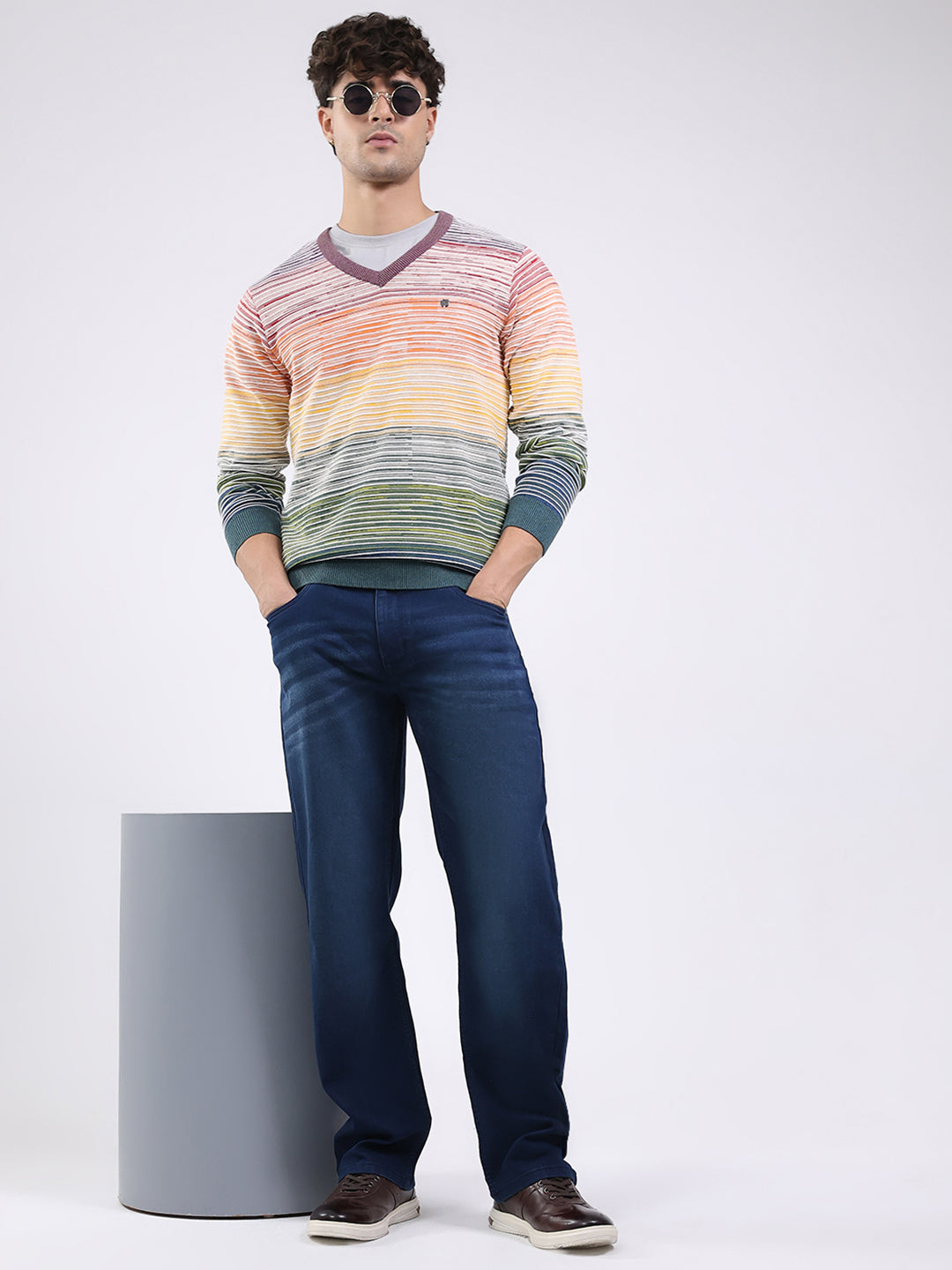 Men Multicolor Stripe V Neck Full Sleeve Pullover