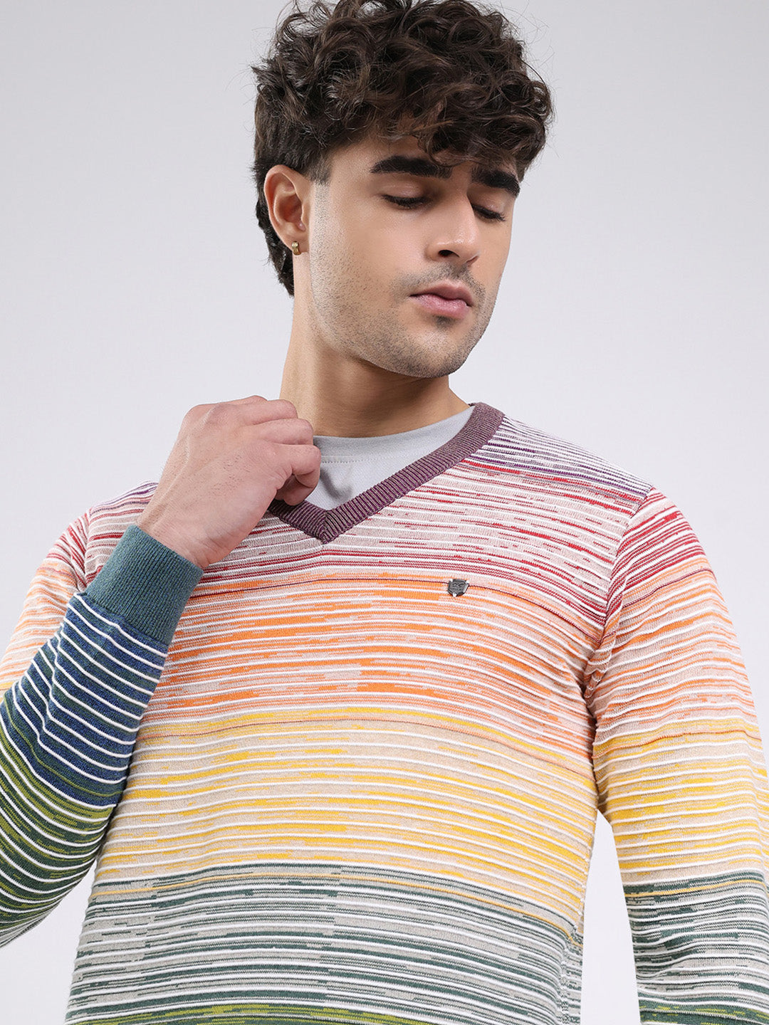 Men Multicolor Stripe V Neck Full Sleeve Pullover