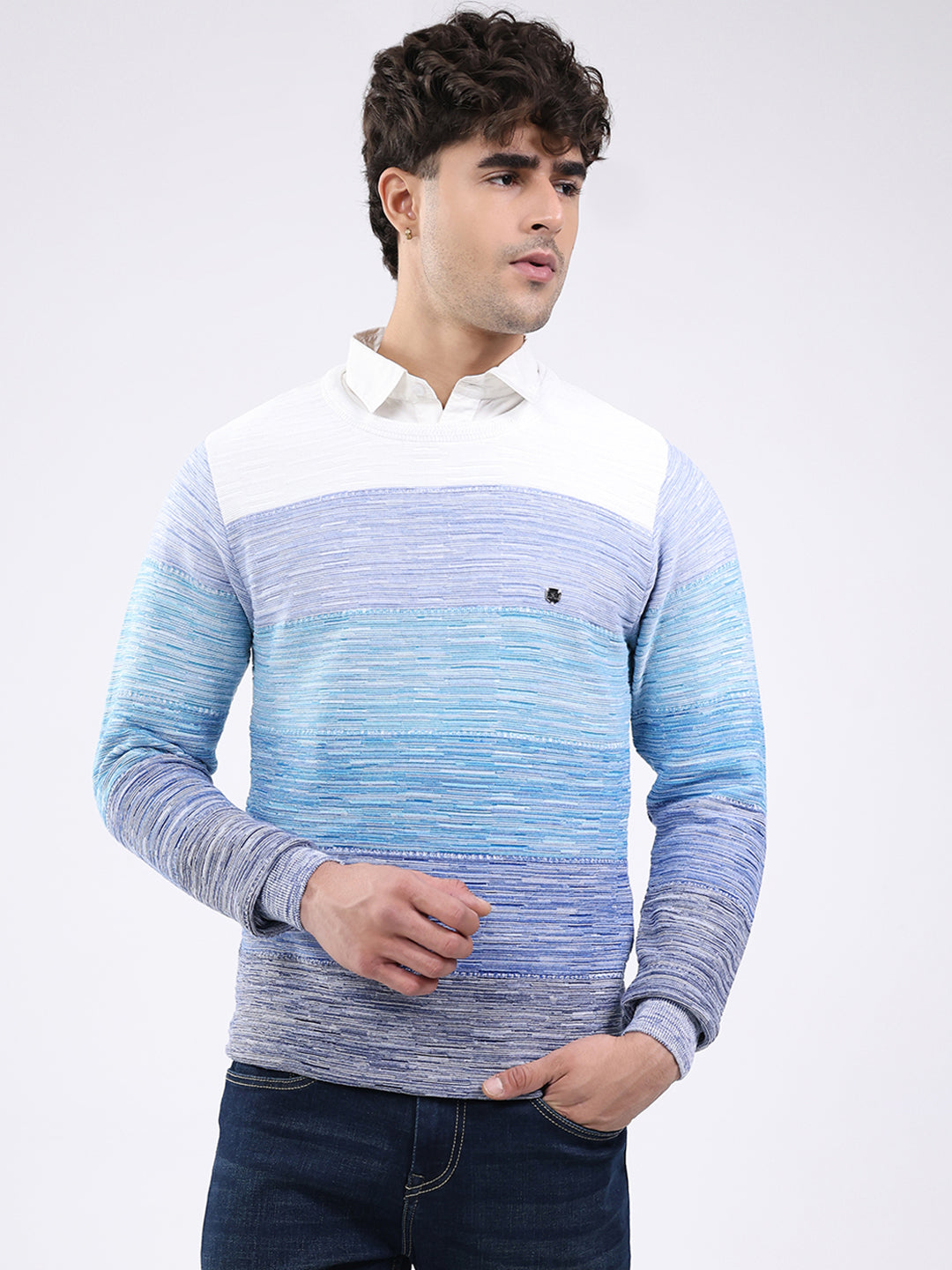 Men Blue Solid Round Neck Full Sleeve Pullover