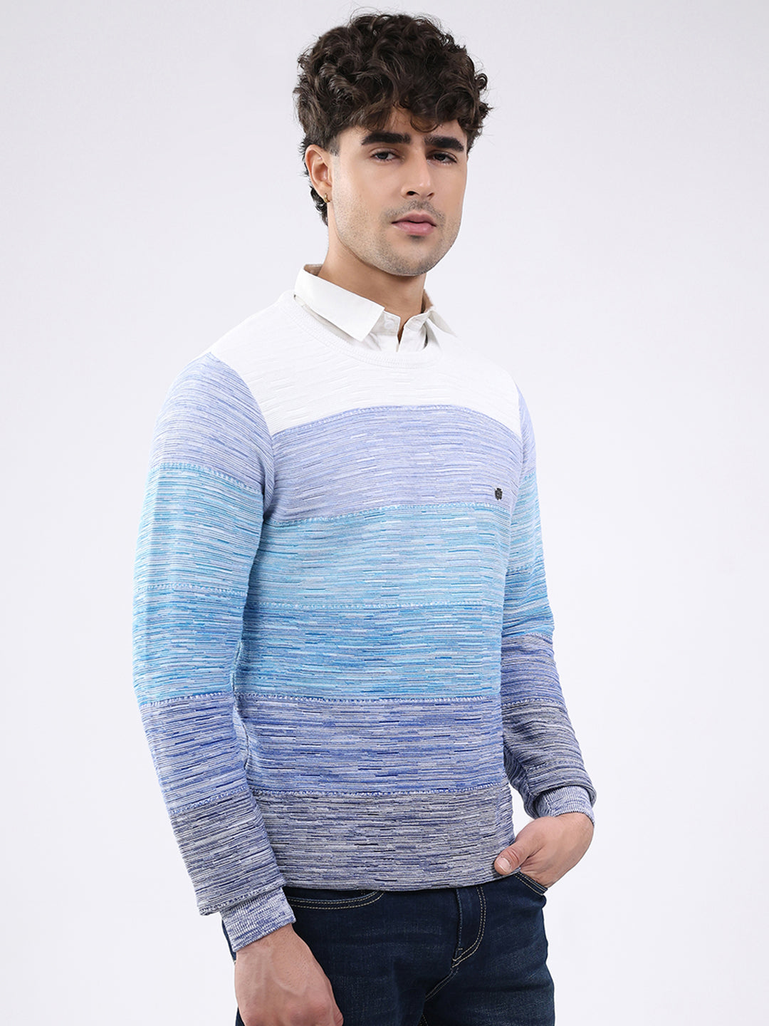 Men Blue Solid Round Neck Full Sleeve Pullover
