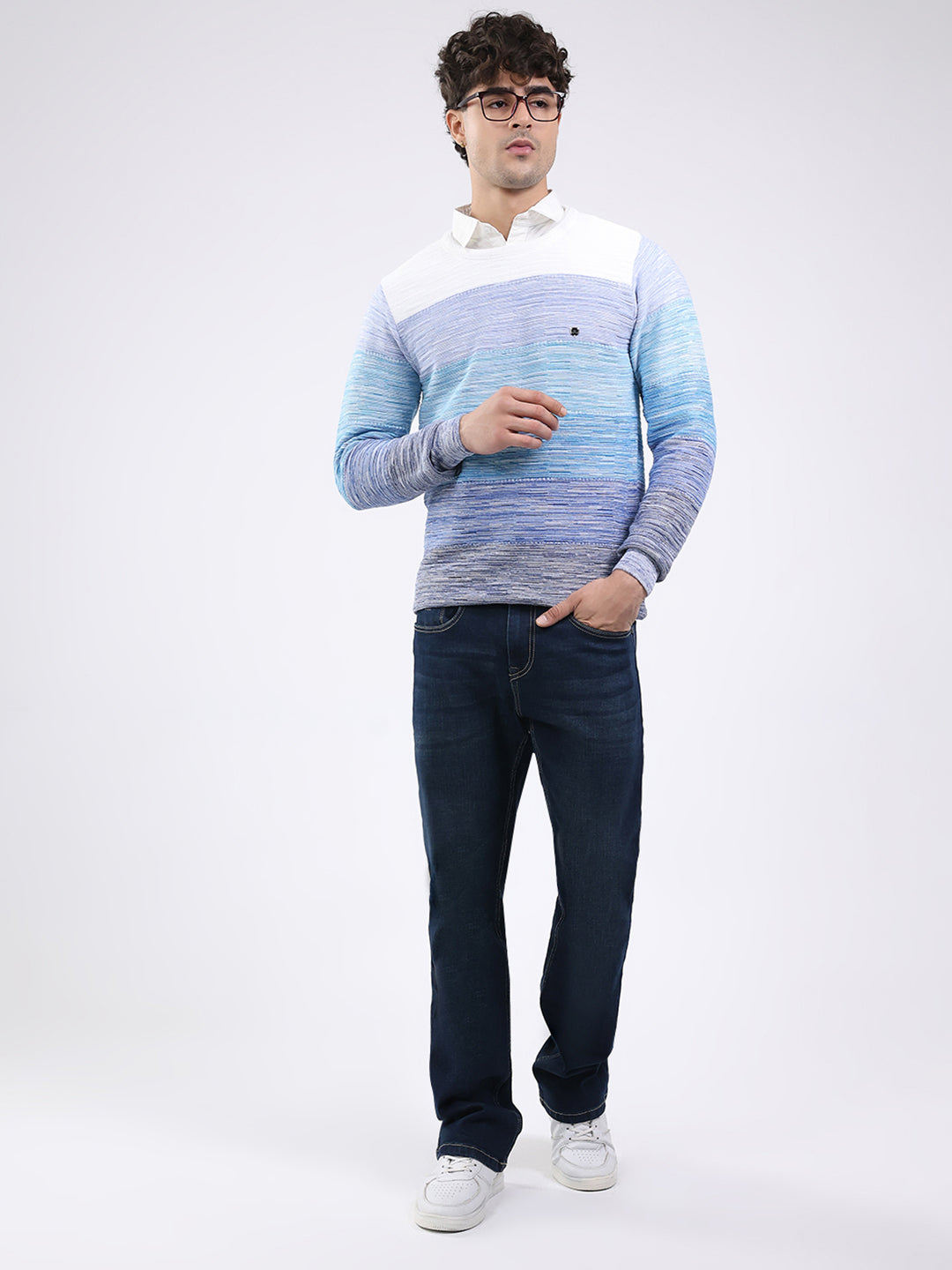 Men Blue Solid Round Neck Full Sleeve Pullover