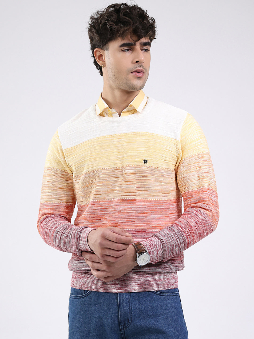 Men Pink Solid Round Neck Full Sleeve Pullover