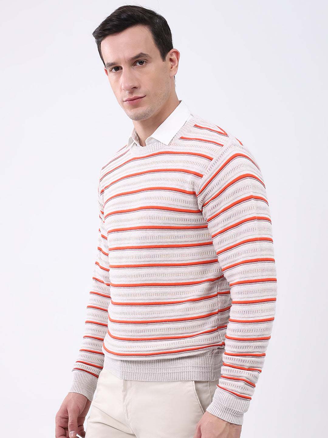 Men Beige Stripe Round Neck Full Sleeve Pullover