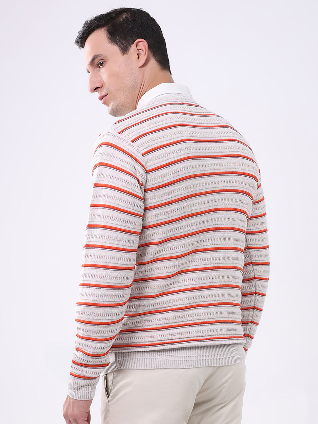 Men Beige Stripe Round Neck Full Sleeve Pullover