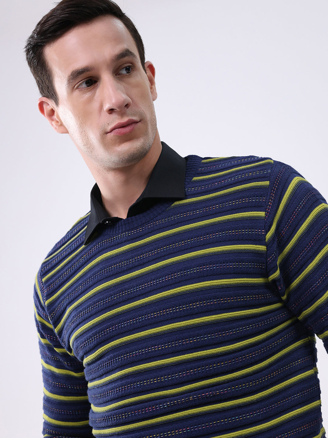 Men Blue Stripe Round Neck Full Sleeve Pullover