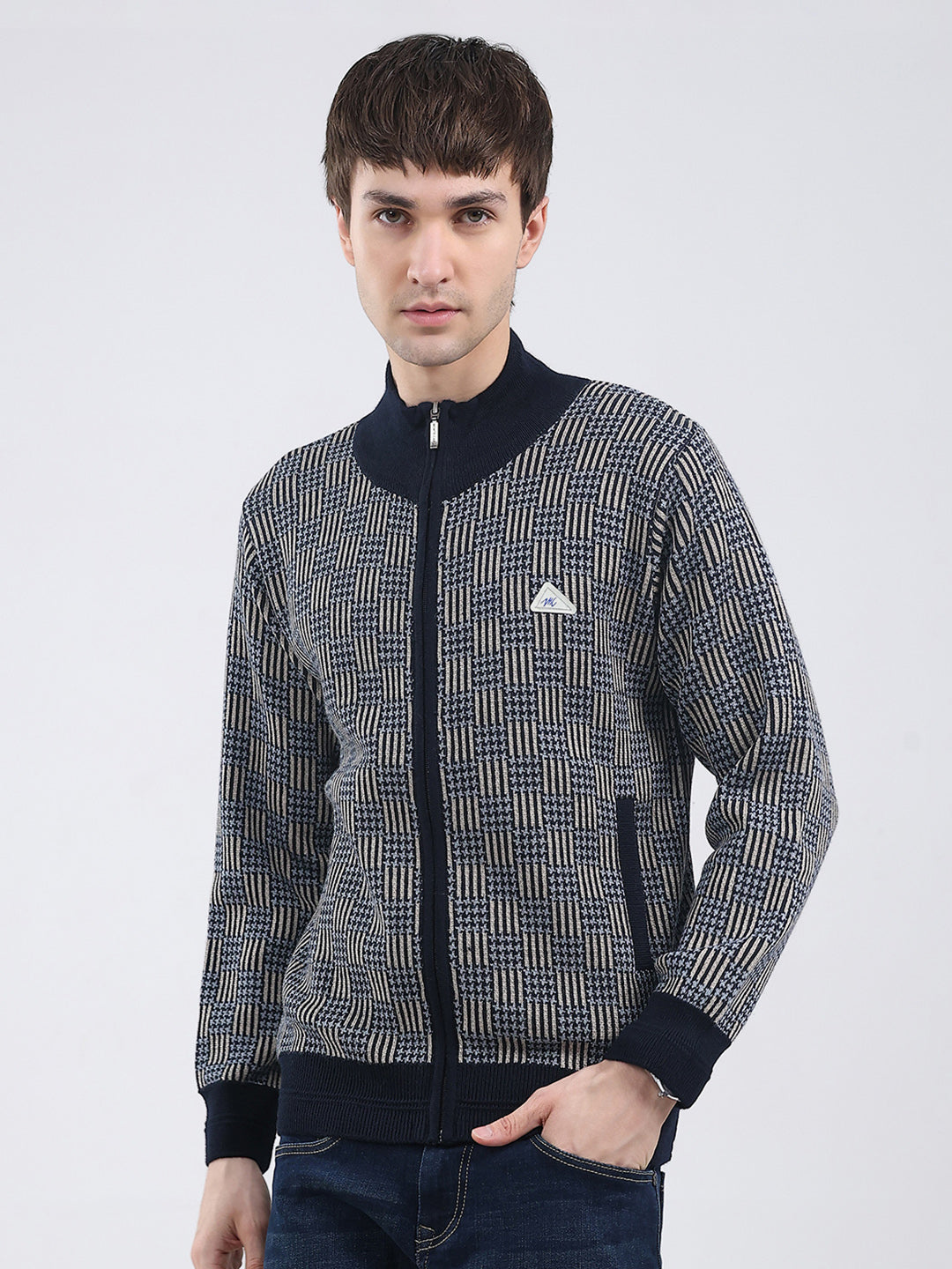 Men Navy Blue Self Design Mock Neck Full Sleeve Pullover