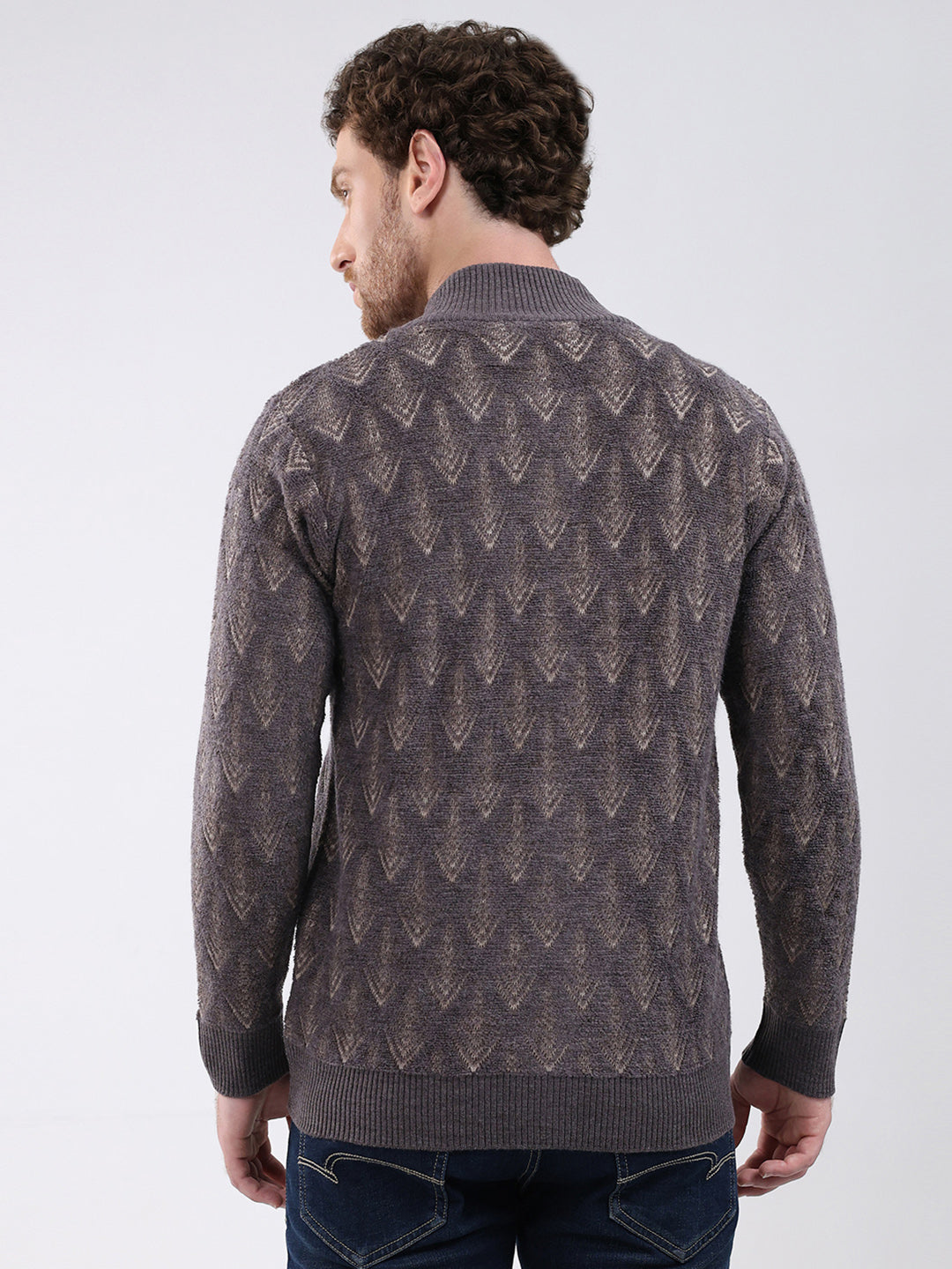 Men Dark Grey Self Design Mock Neck Full Sleeve Pullover