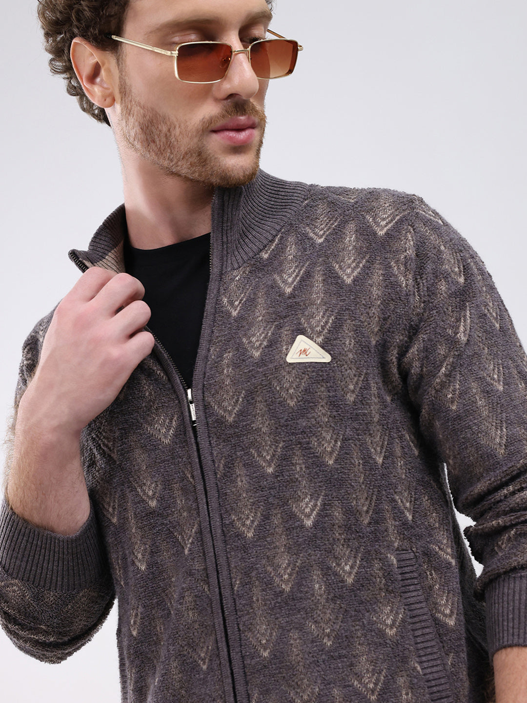 Men Dark Grey Self Design Mock Neck Full Sleeve Pullover