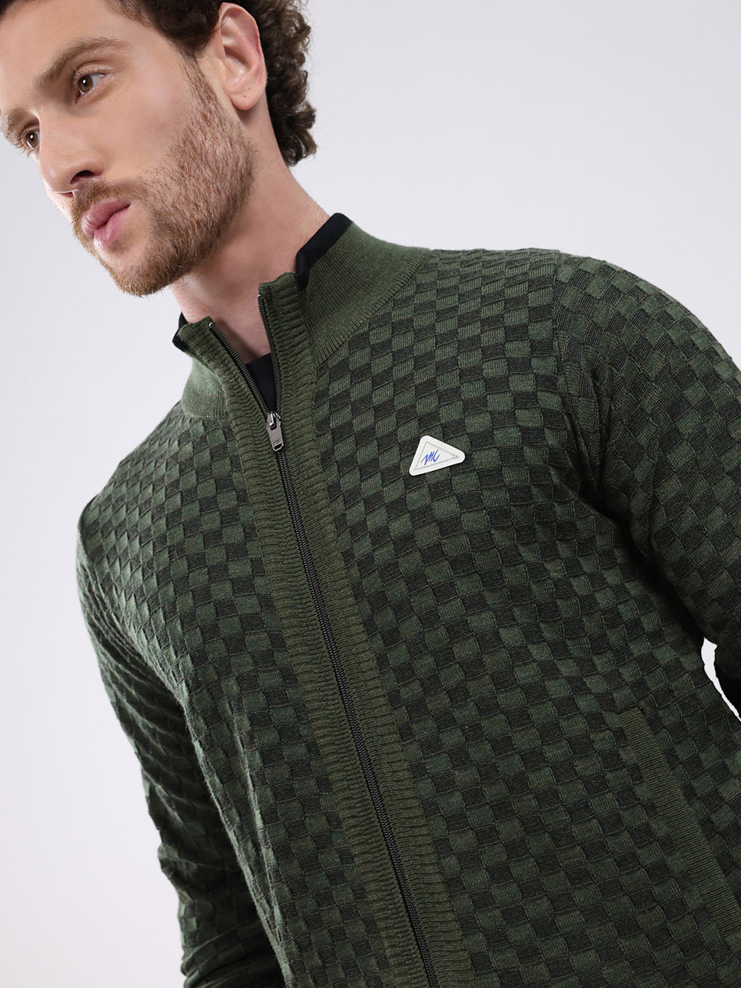 Men Green Self Design Mock Neck Full Sleeve Pullover
