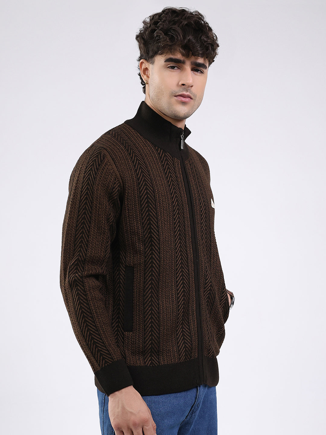 Men Brown Self Design Mock Neck Full Sleeve Pullover