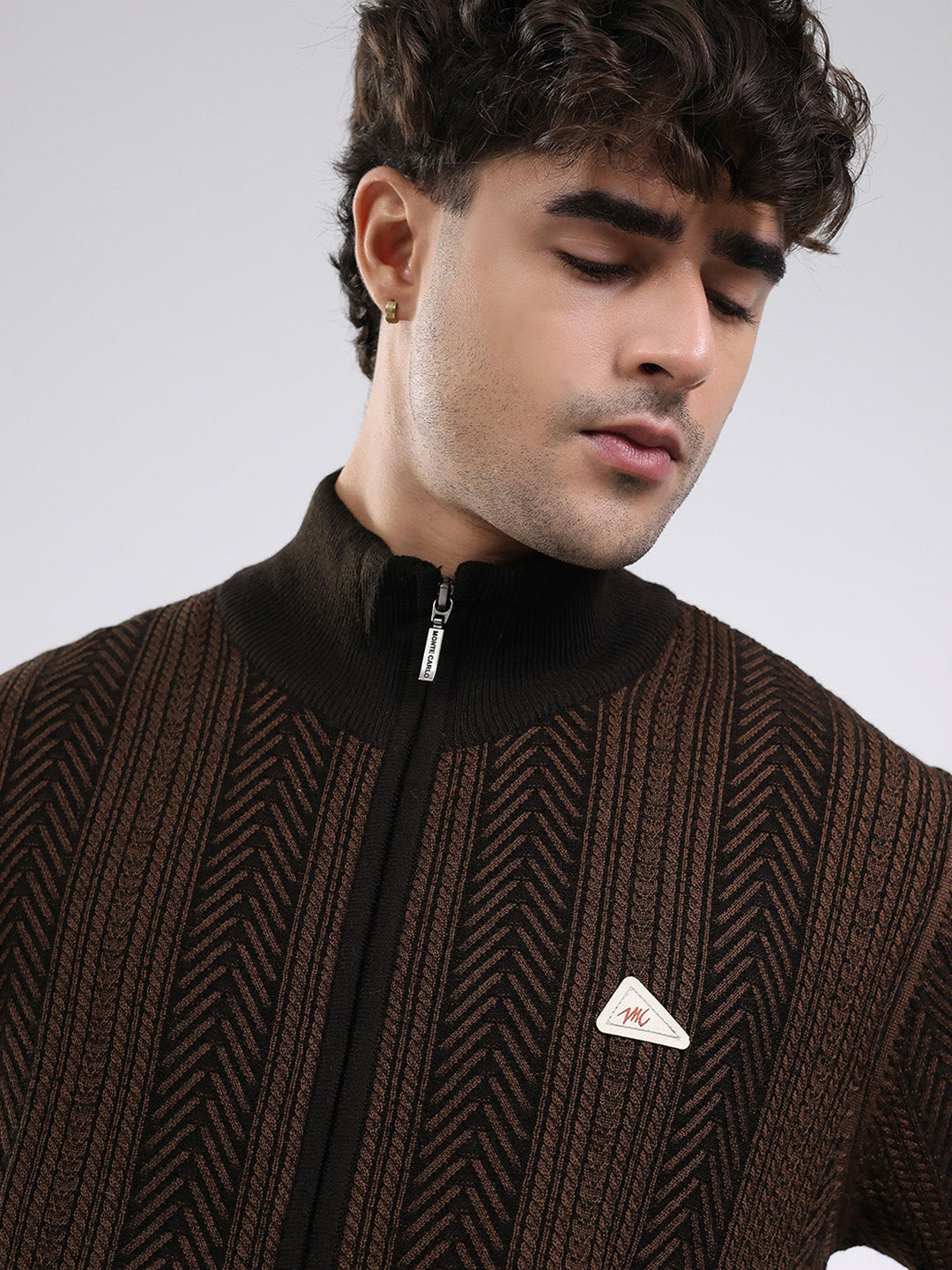 Men Brown Self Design Mock Neck Full Sleeve Pullover