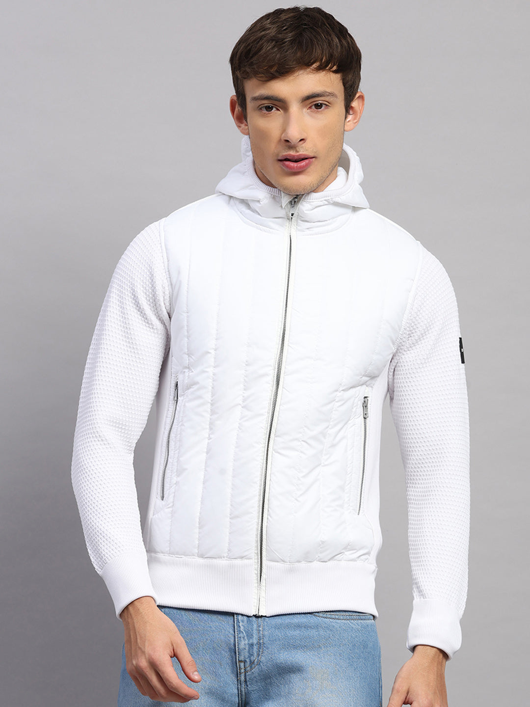 Men White Self Design Round Neck Full Sleeve Pullover