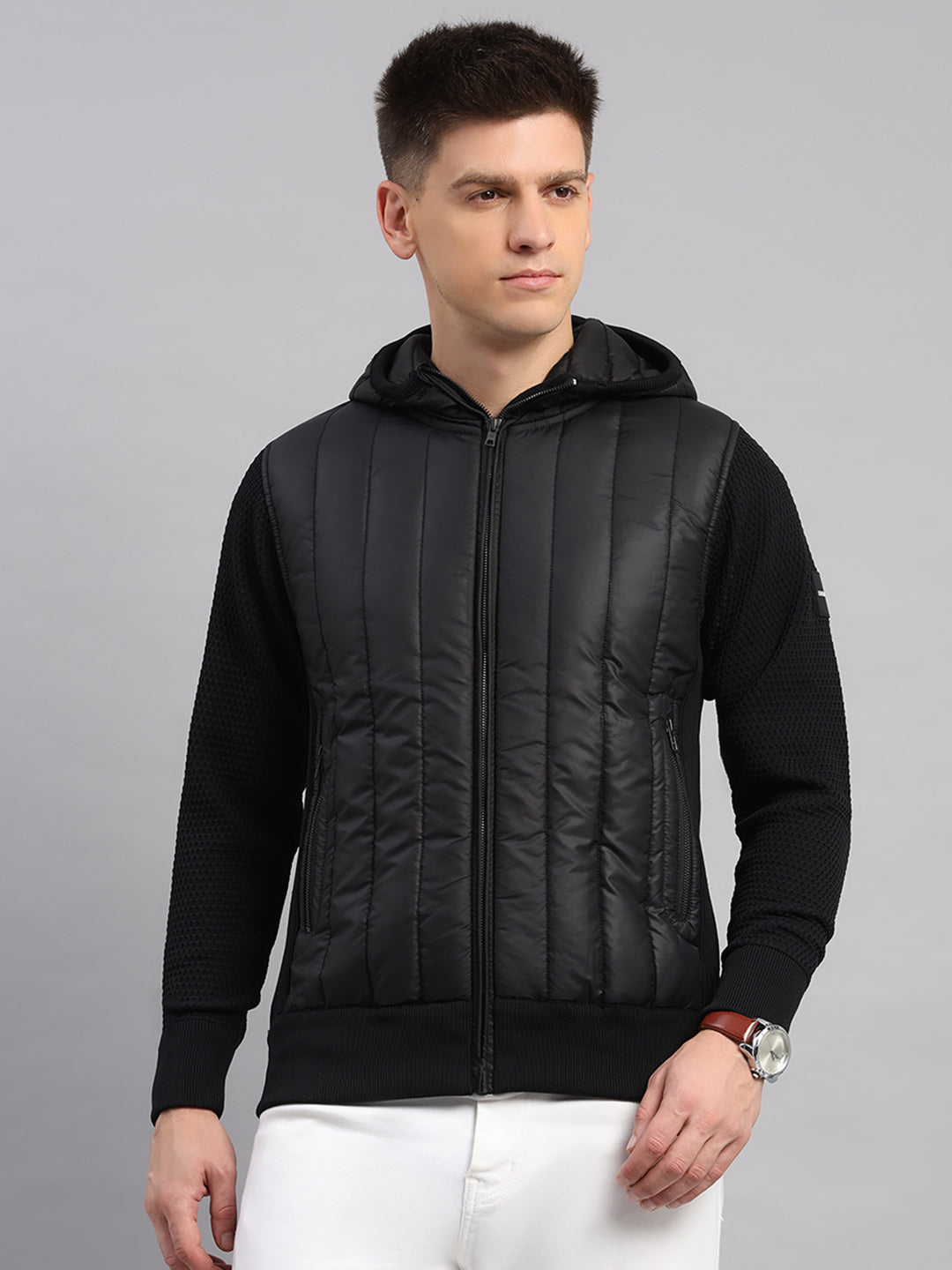 Men Black Self Design Round Neck Full Sleeve Pullover