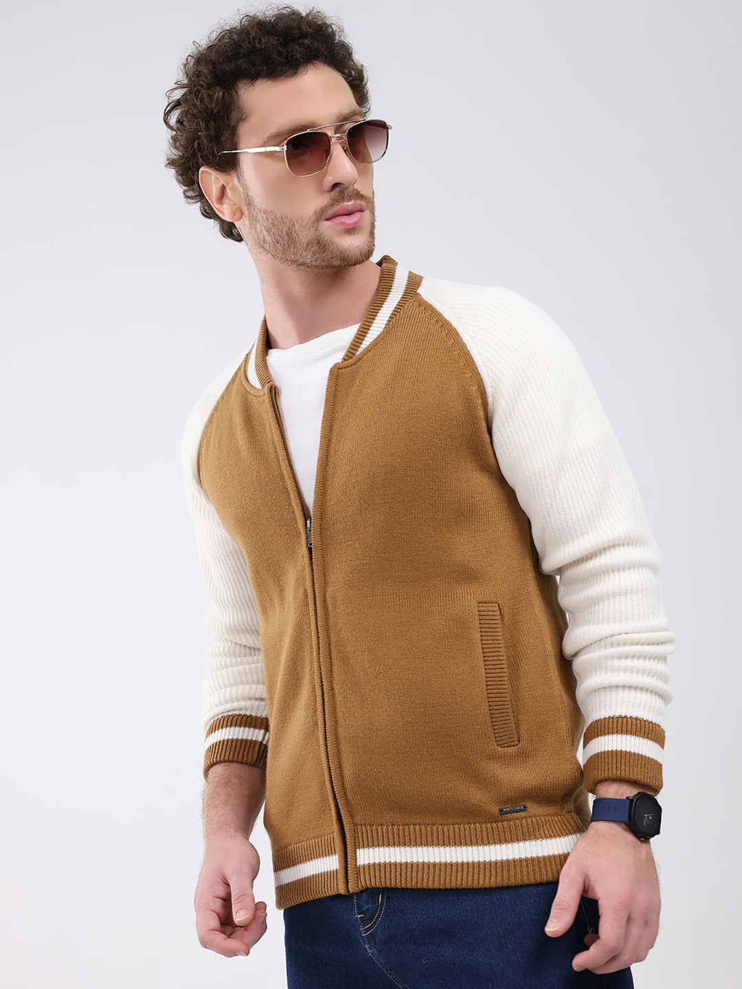 Men Khaki Solid Round Neck Full Sleeve Pullover