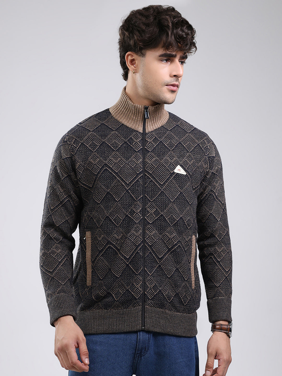 Men Navy Blue Self Design Mock Neck Full Sleeve Jacket