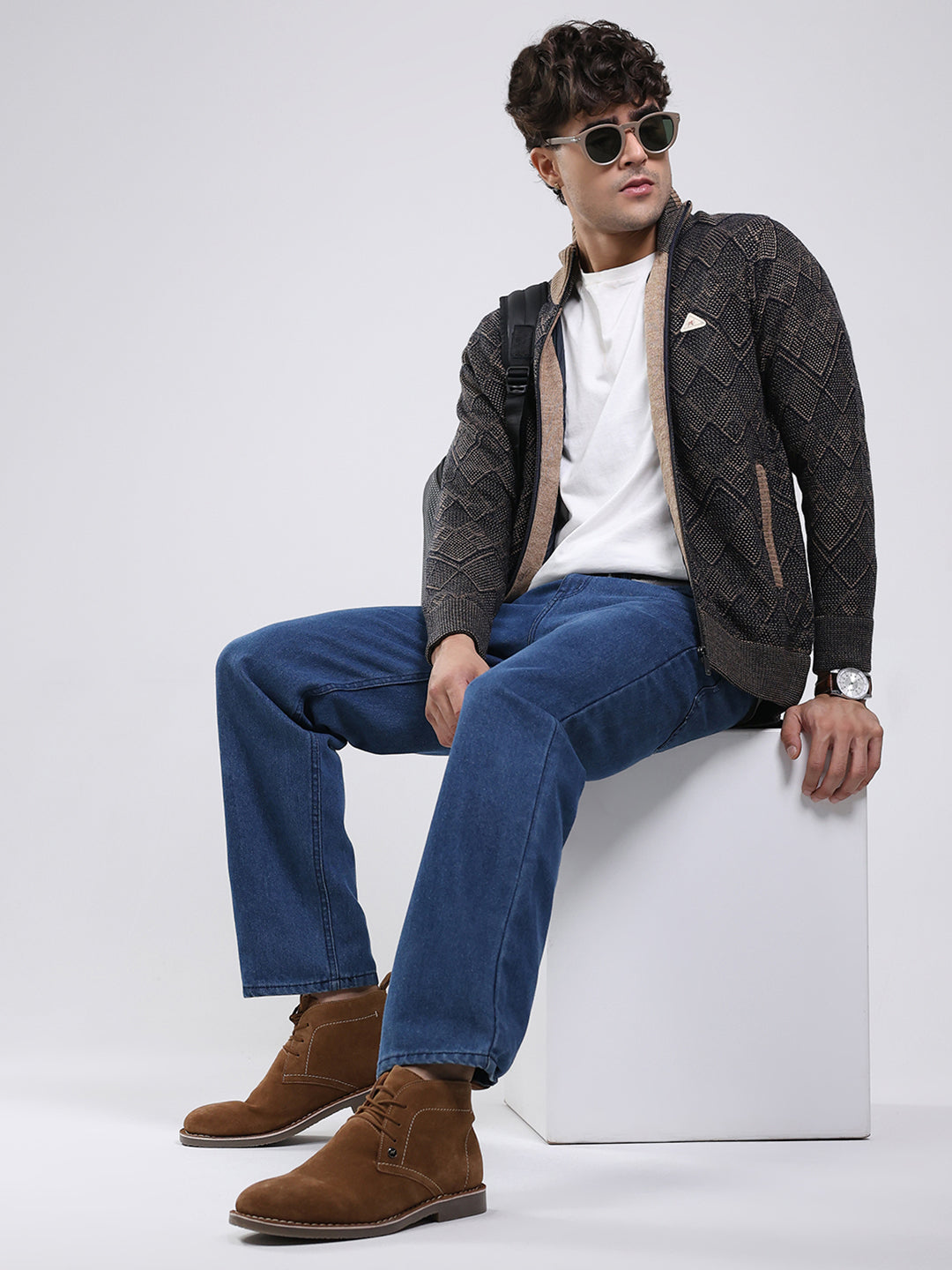 Men Navy Blue Self Design Mock Neck Full Sleeve Jacket