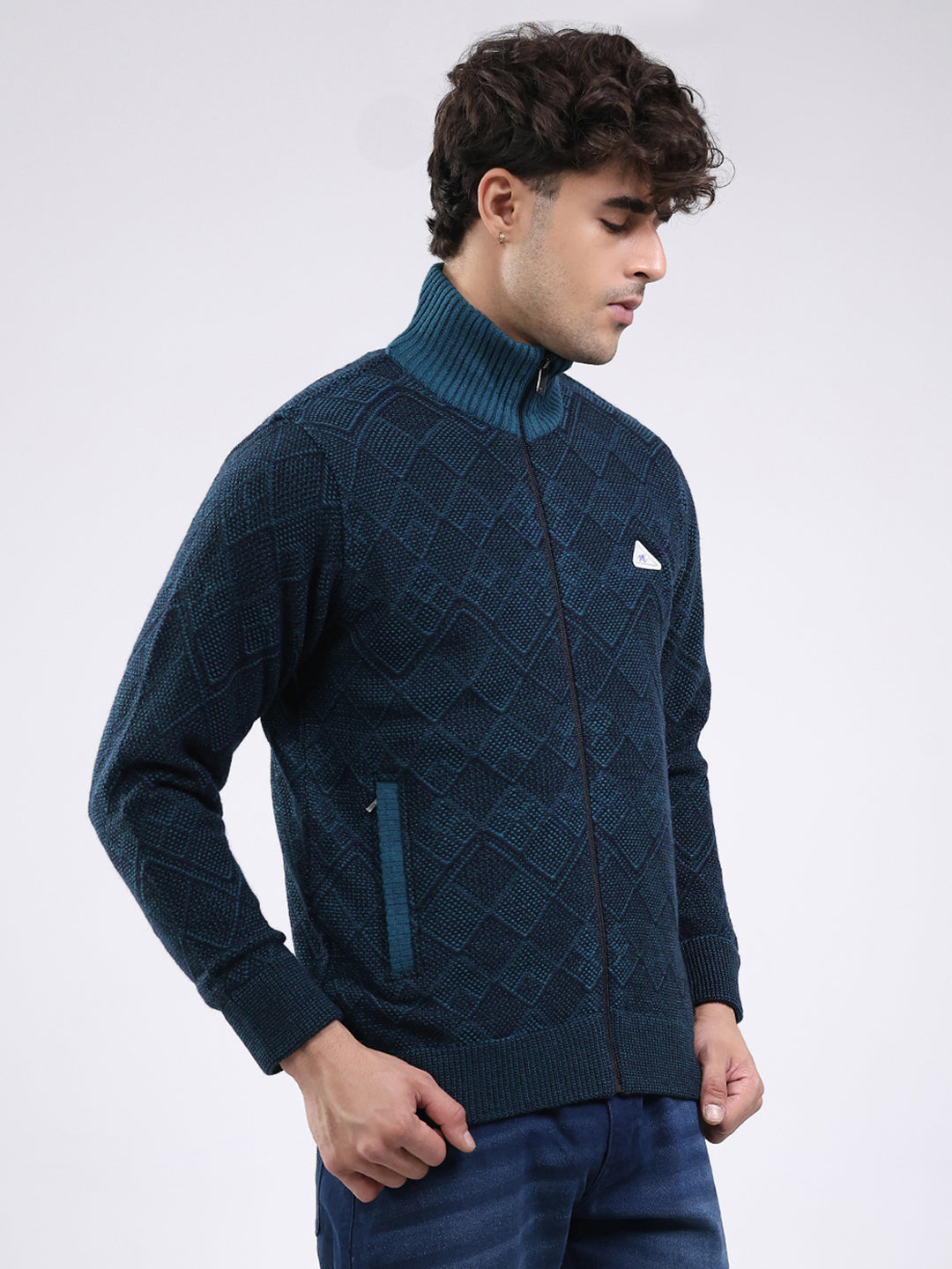 Men Blue Self Design Mock Neck Full Sleeve Jacket