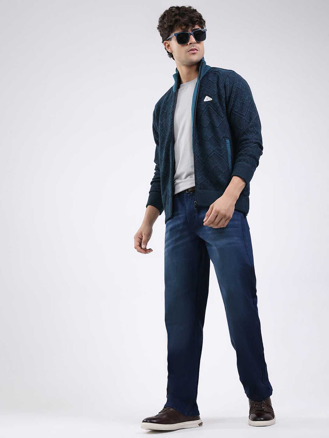 Men Blue Self Design Mock Neck Full Sleeve Jacket