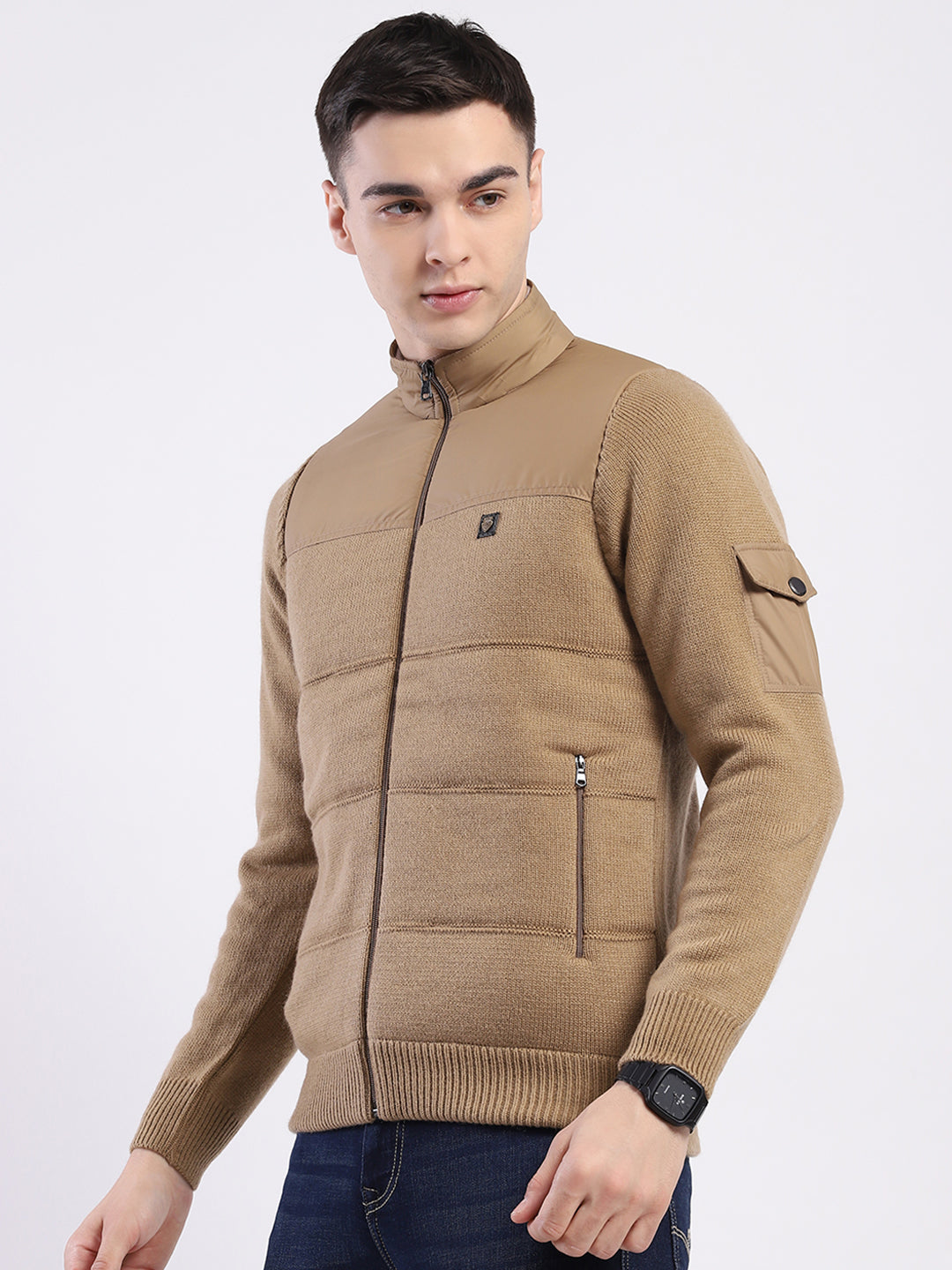 Men Khaki Self Design Mock Neck Full Sleeve Jacket