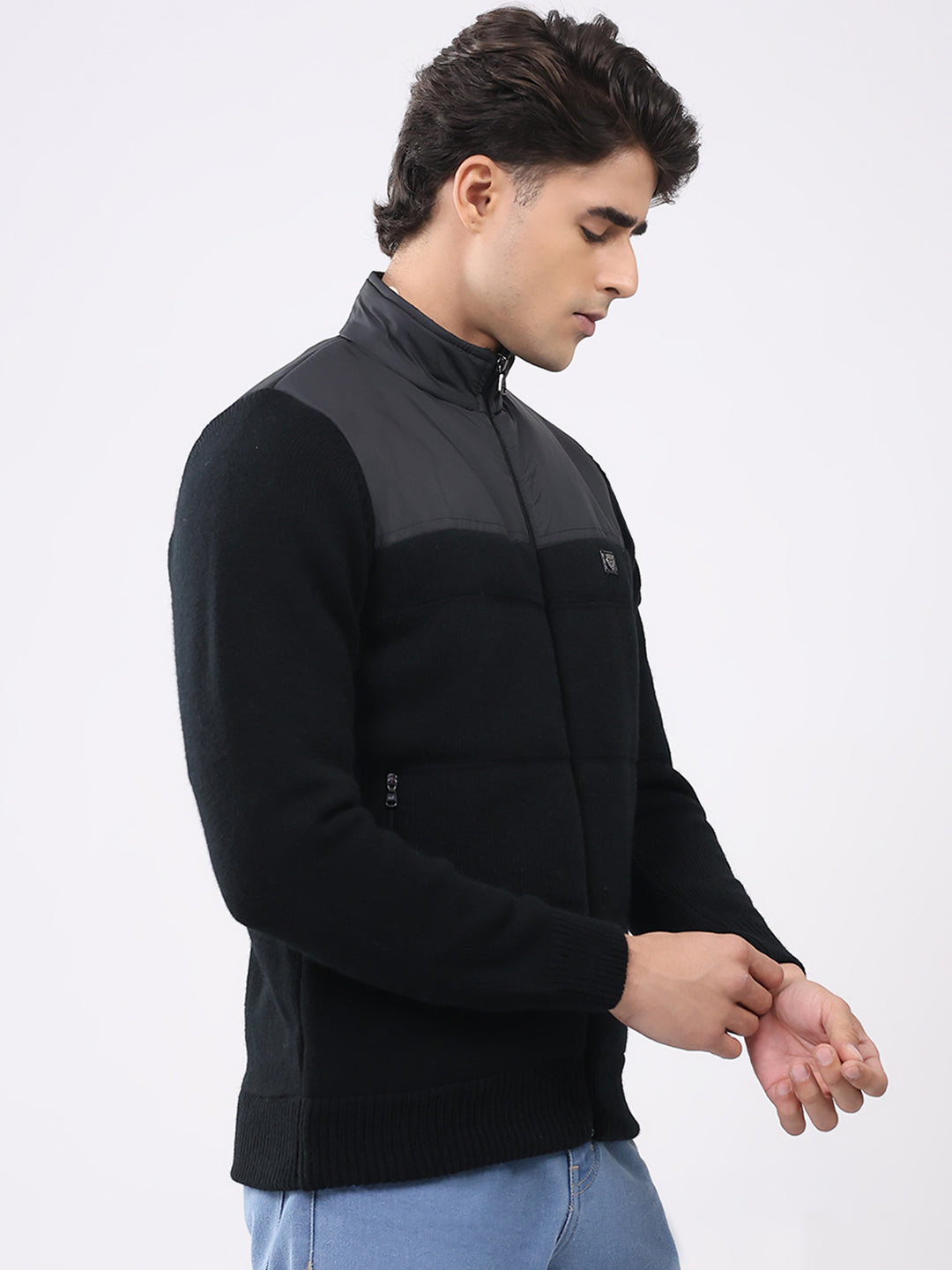 Men Black Printed T Neck Full Sleeve Jacket