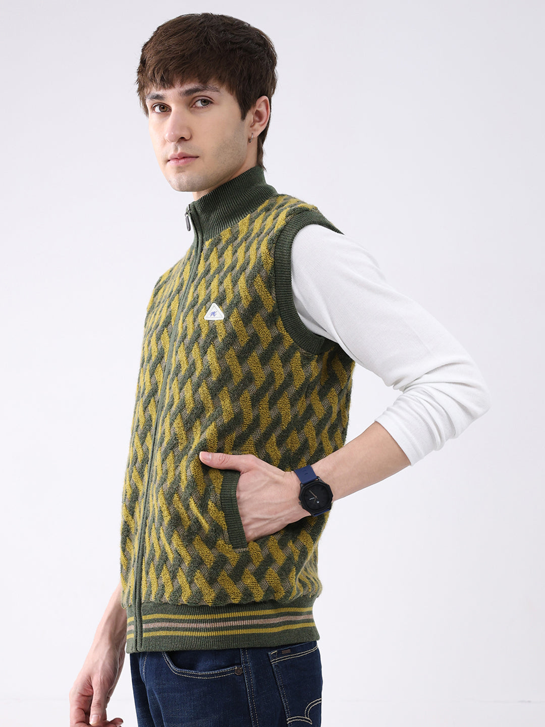 Men Green Self Design Mock Neck Sleeveless Jacket