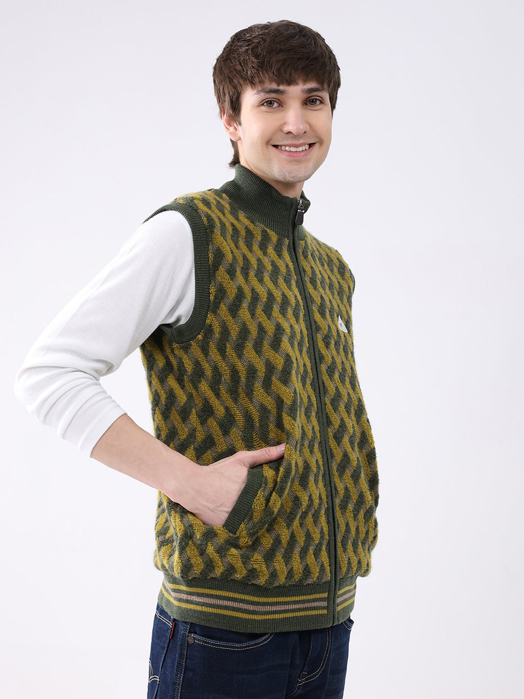 Men Green Self Design Mock Neck Sleeveless Jacket