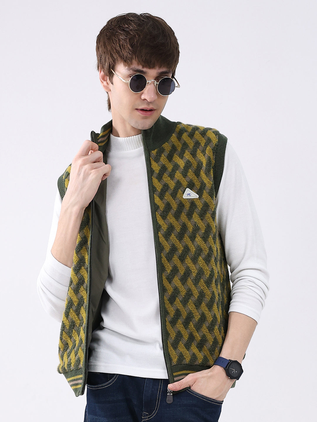 Men Green Self Design Mock Neck Sleeveless Jacket