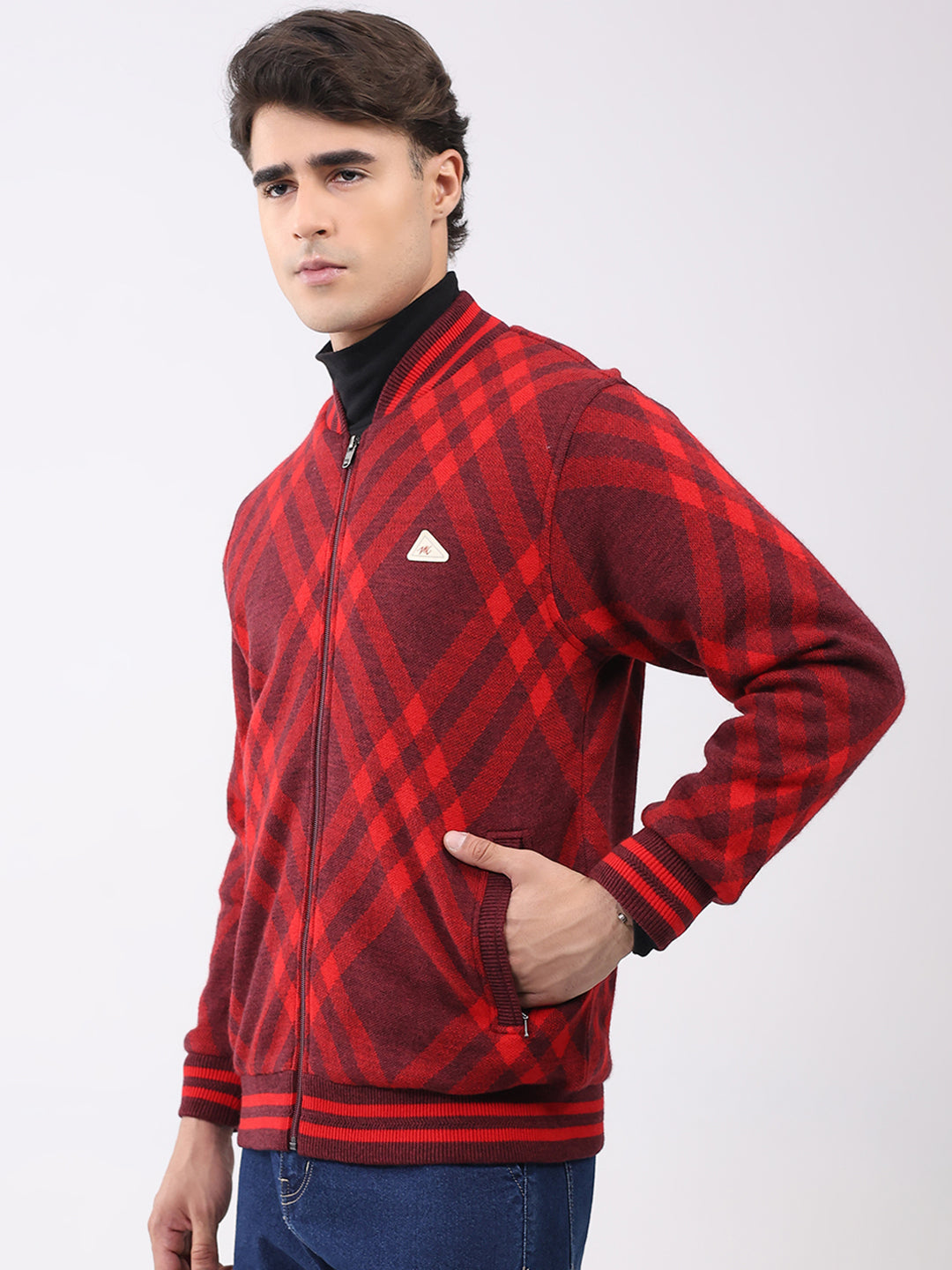 Men Red Printed T Neck Full Sleeve Jacket